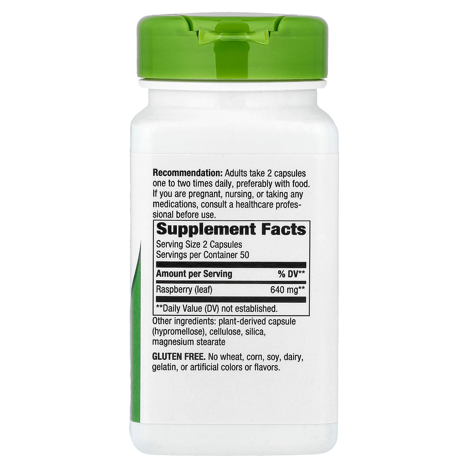 Supplement facts label for Nature's Way Raspberry Leaf