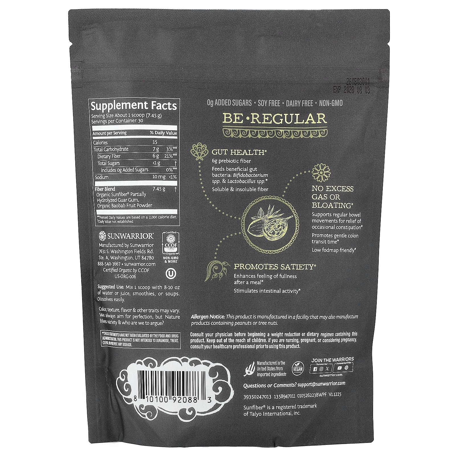 Supplement facts label for Sunwarrior Be Well Prebiotic Fiber Powder