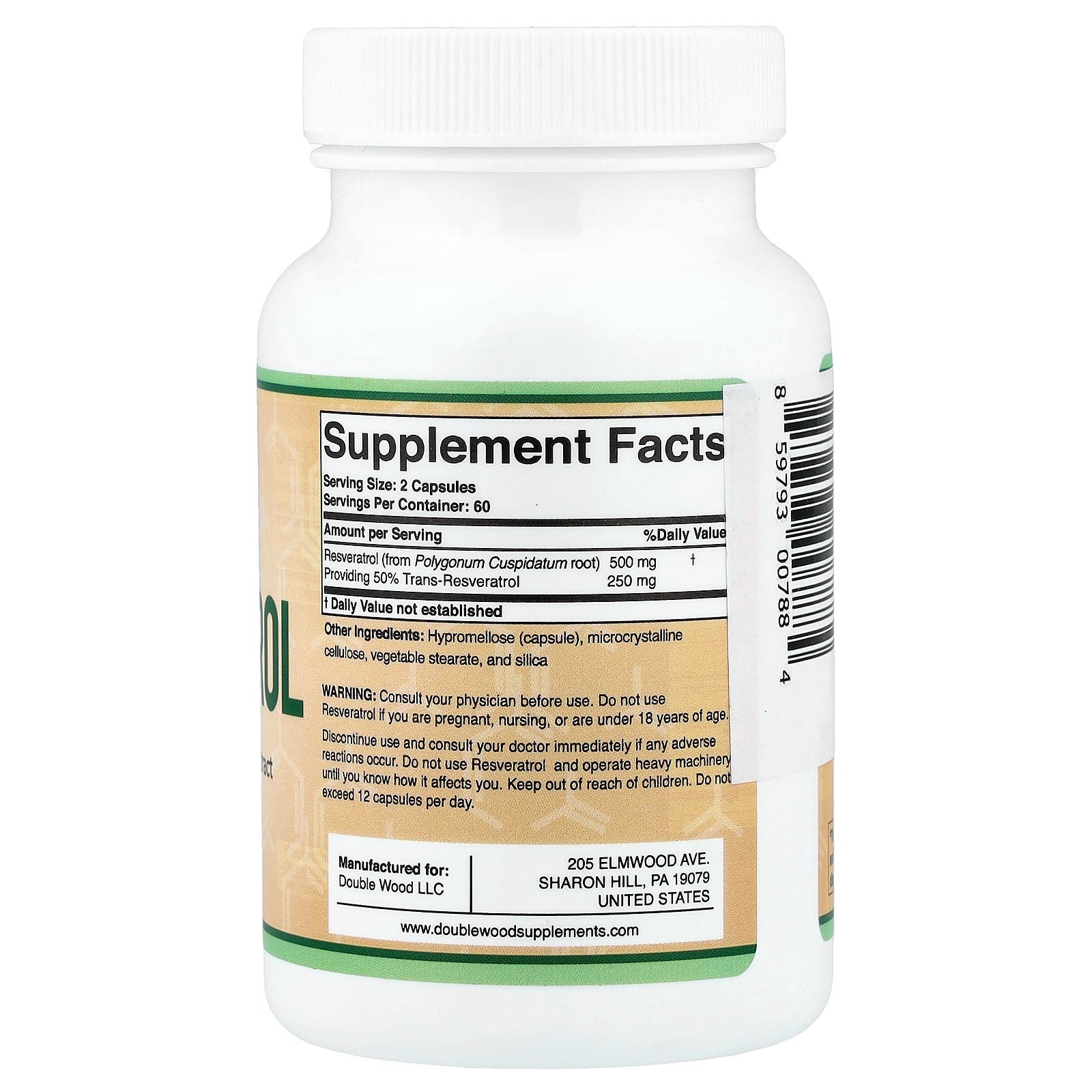 Supplement facts label for Double Wood Resveratrol