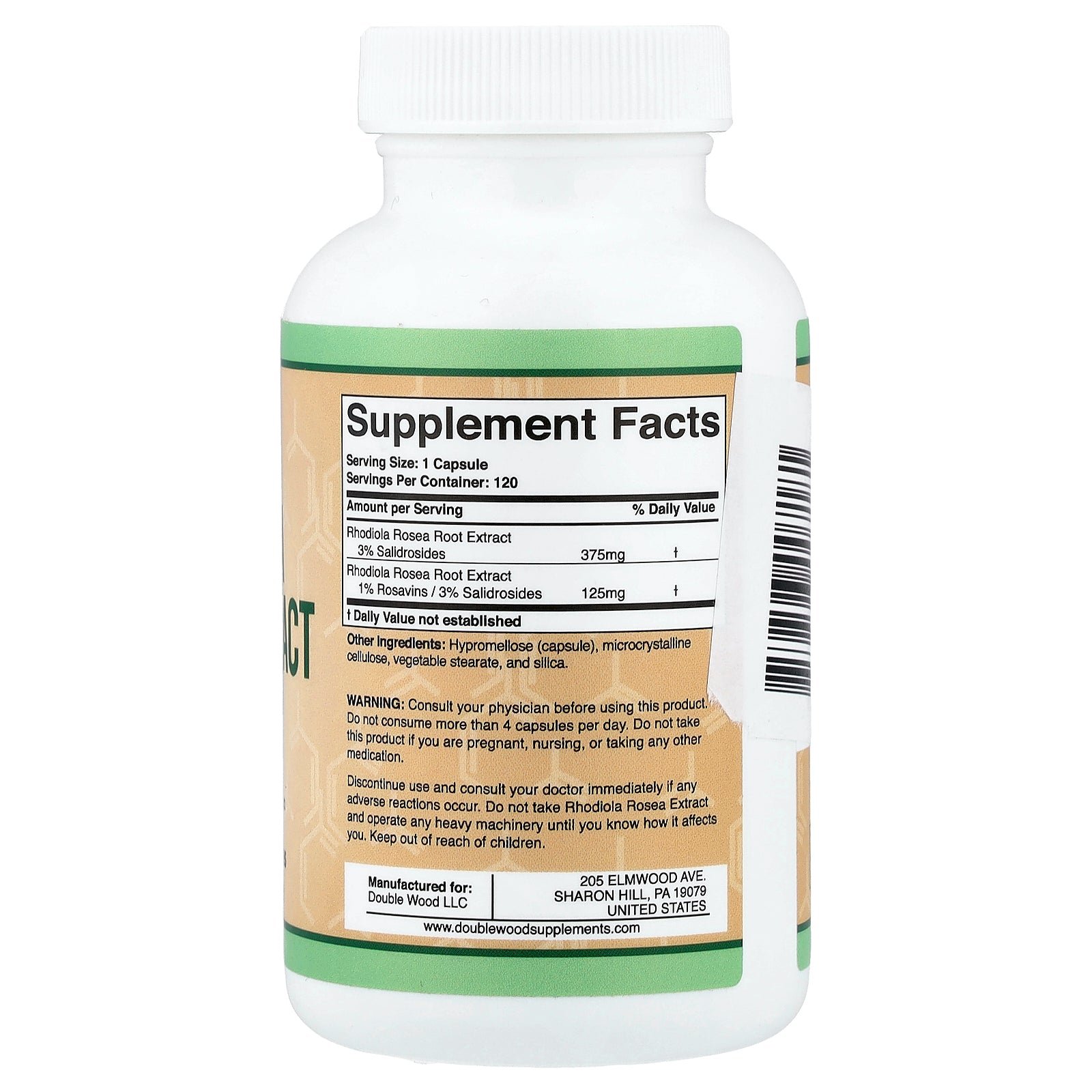 Supplement facts label for Double Wood Rhodiola Rosea Extract