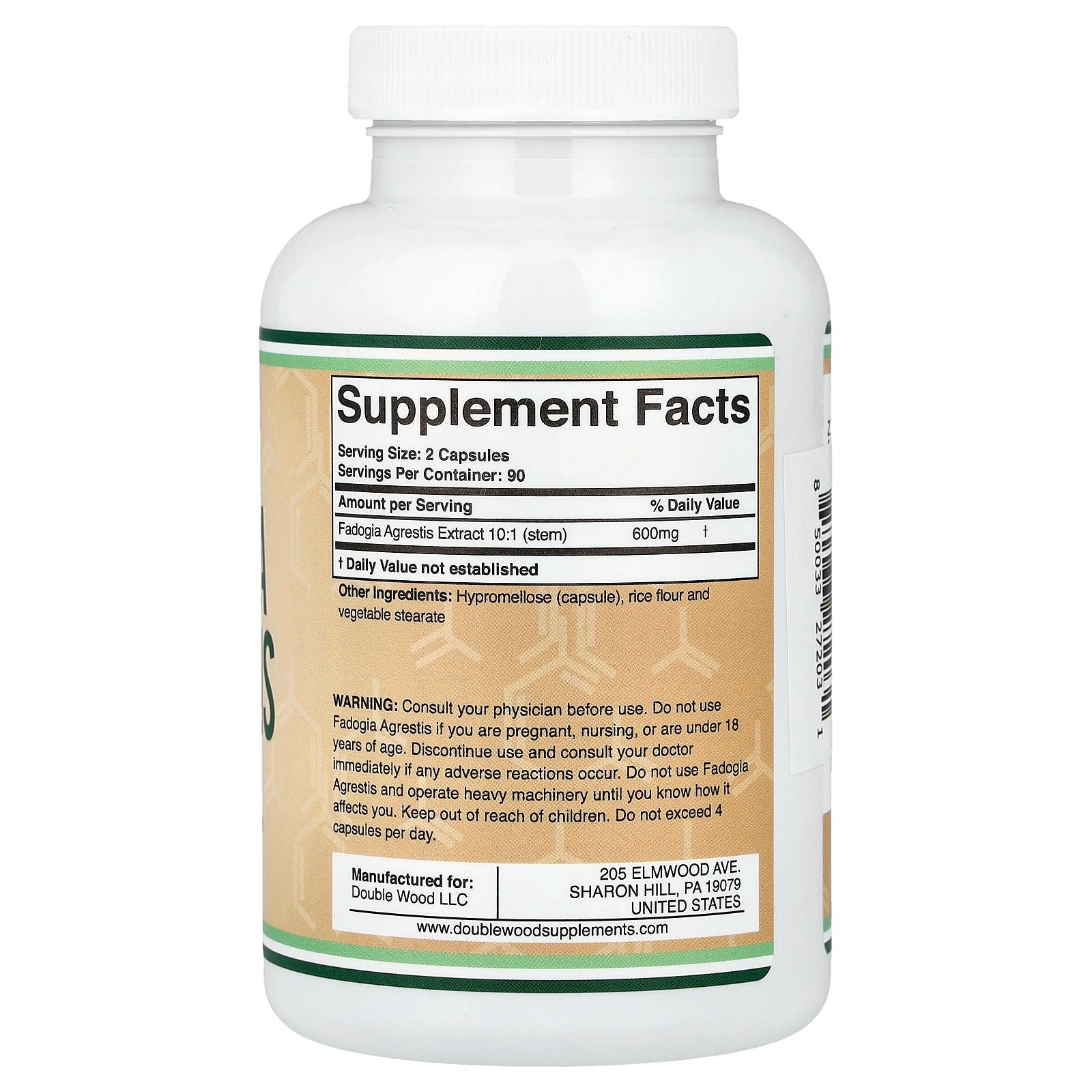 Supplement facts label for Double Wood Fadogia Agrestis