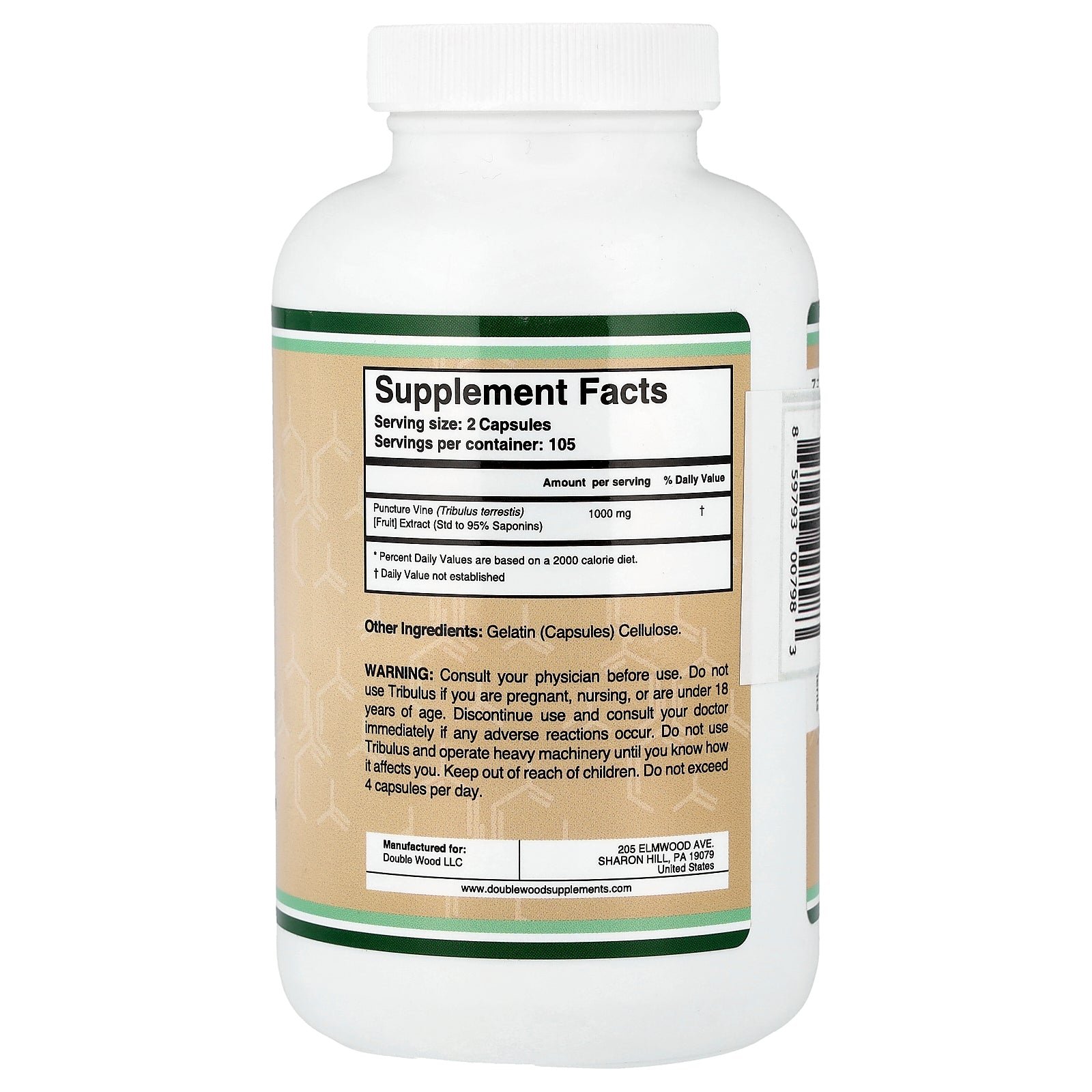 Supplement facts label for Double Wood Tribulus Extract