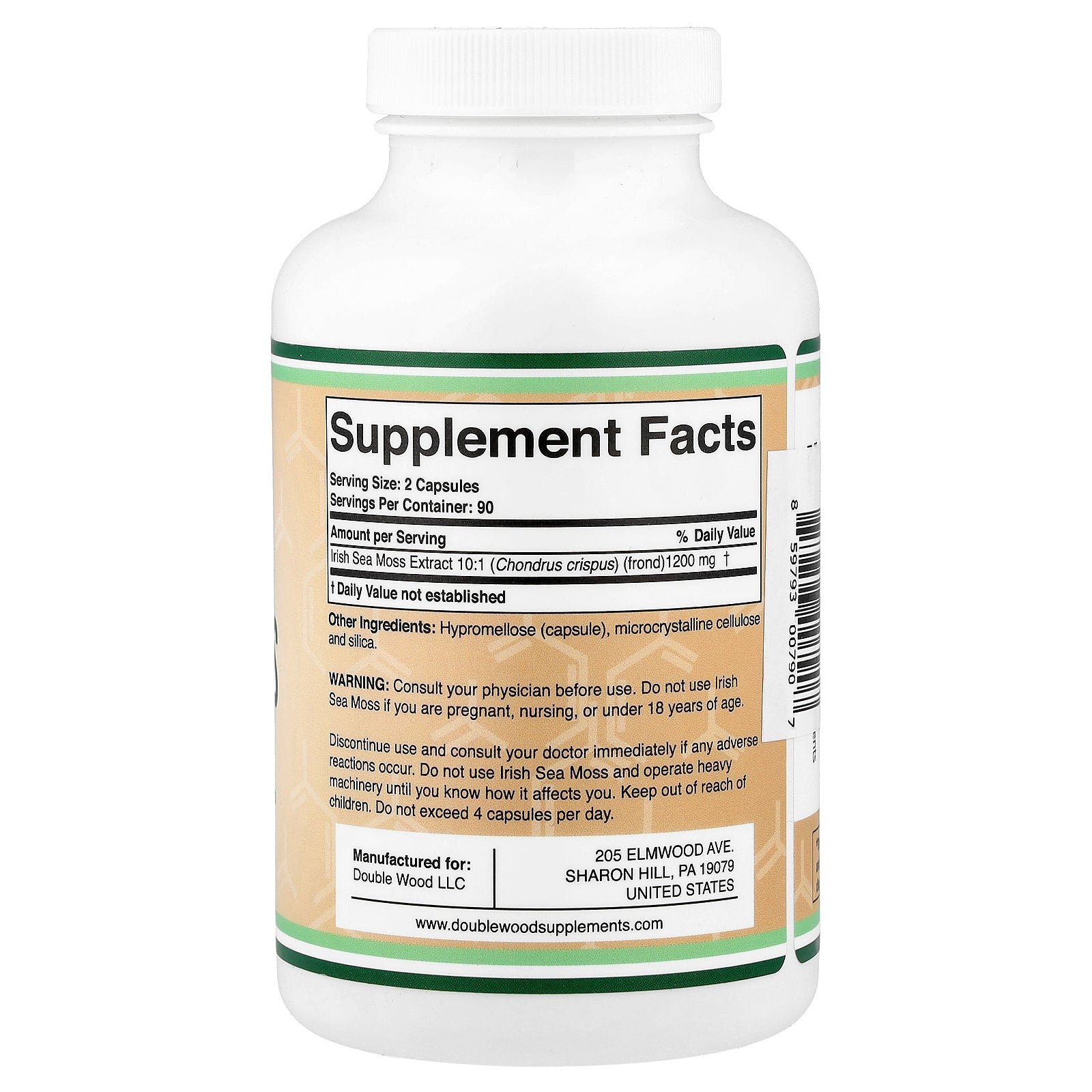 Supplement facts label for Double Wood Irish Sea Moss Extract