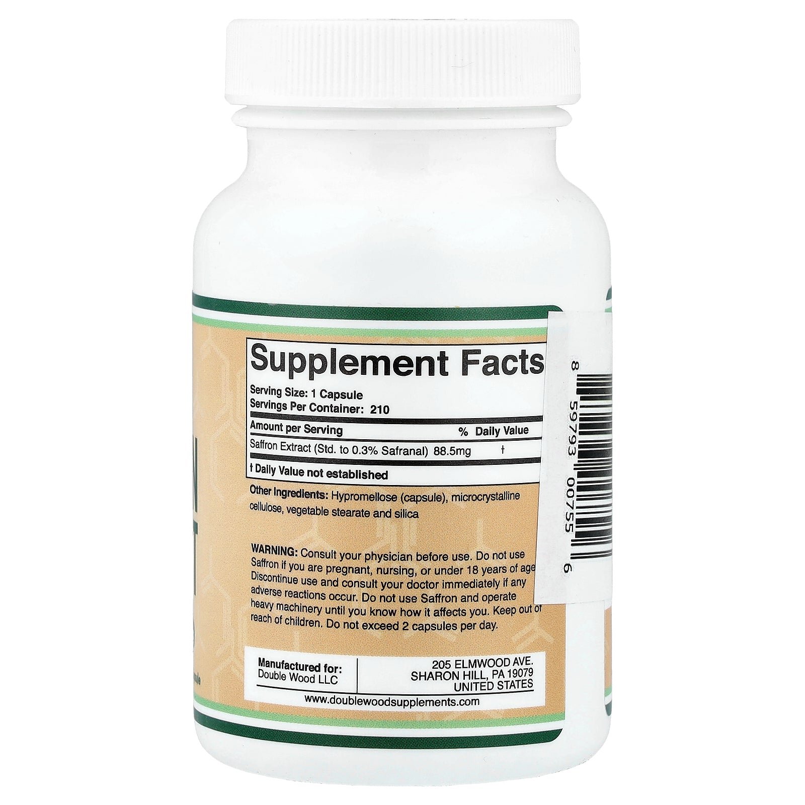 Supplement facts label for Double Wood Saffron Extract