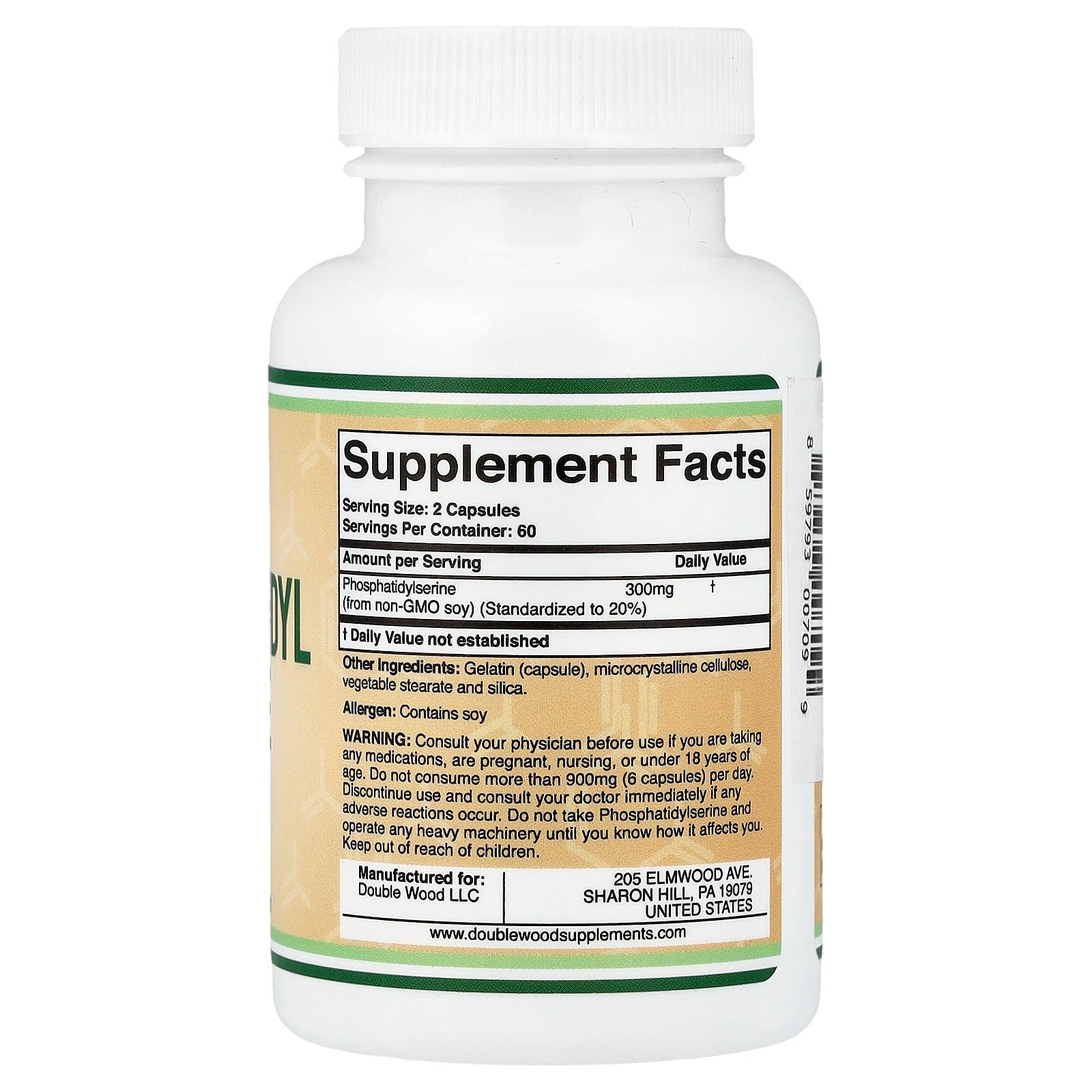 Supplement facts label for Double Wood Phosphatidylserine