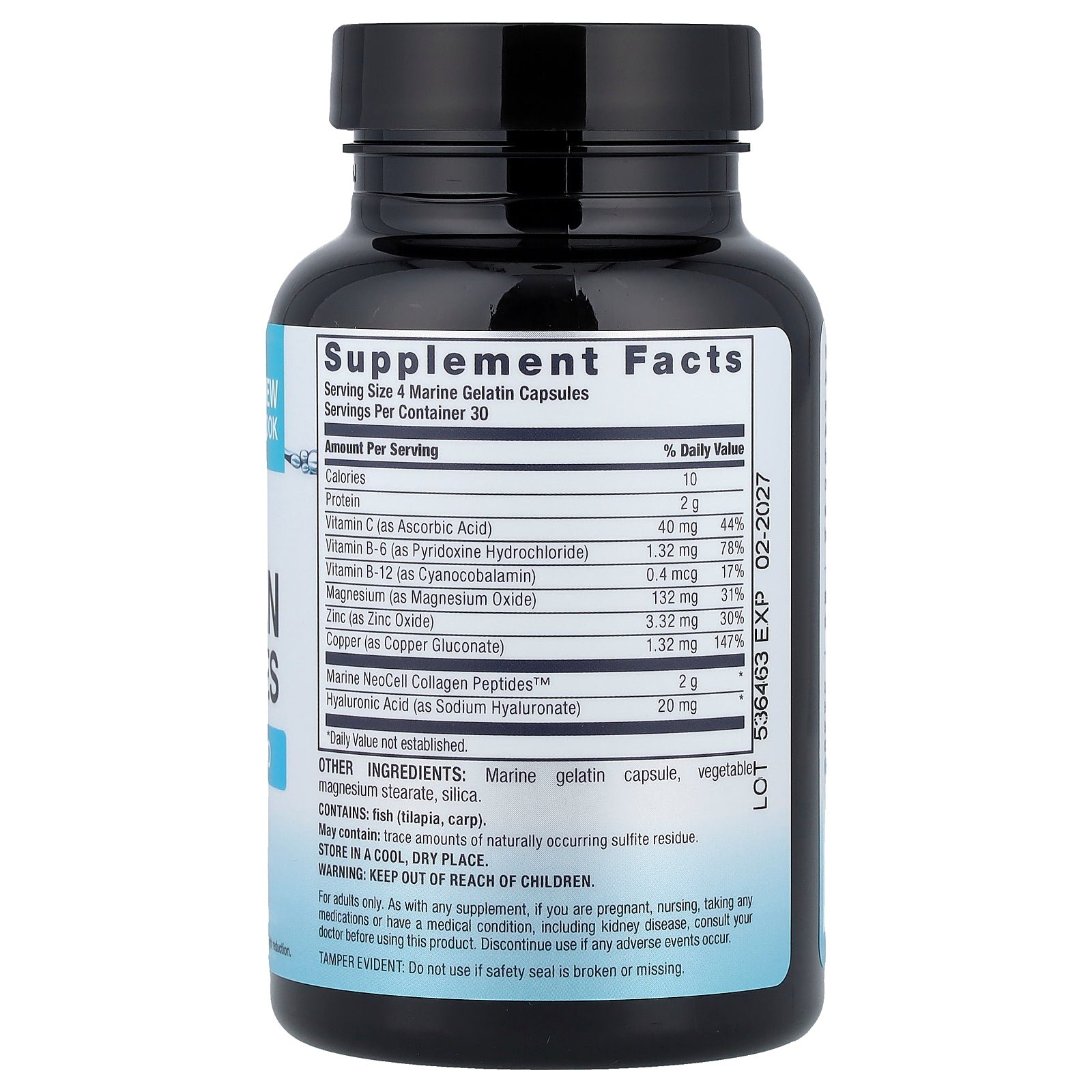 Supplement facts label for Neocell Marine Collagen Peptides + Hyaluronic Acid