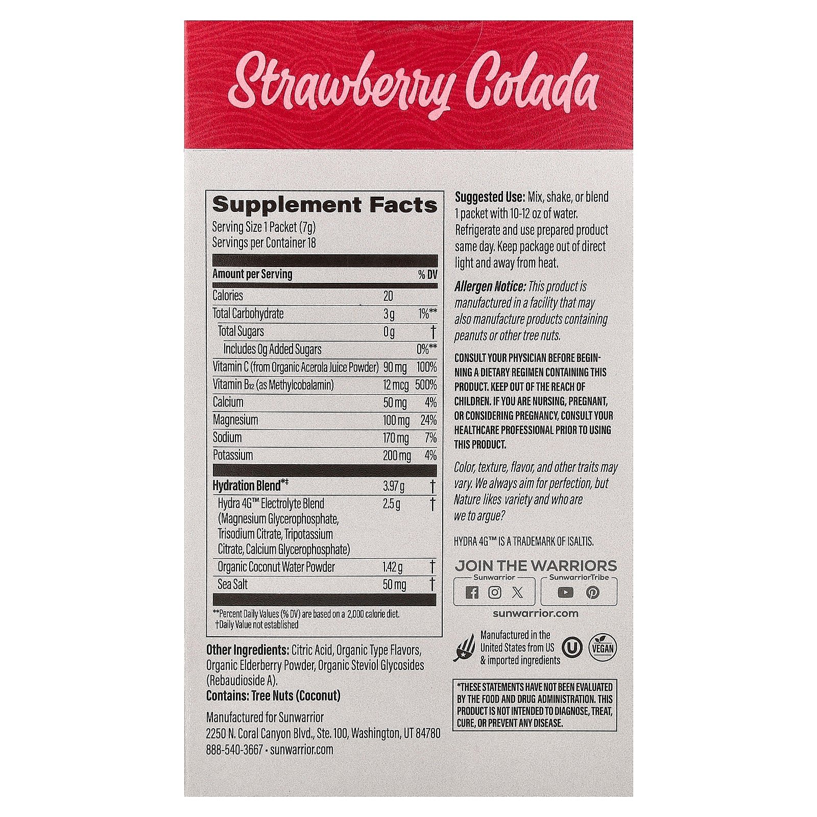 Supplement facts label for Sunwarrior Strawberry Colada Active Hydration