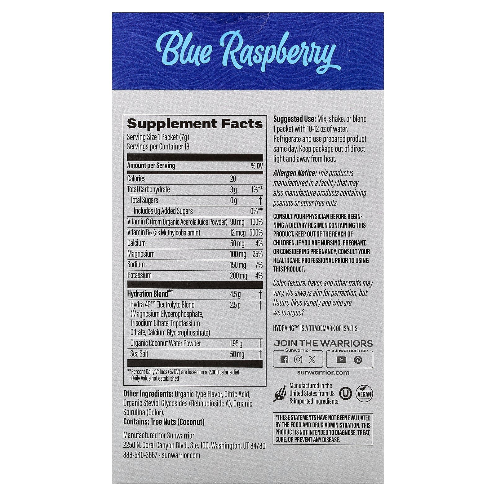 Supplement facts label for Sunwarrior Blue Raspberry Active Hydration