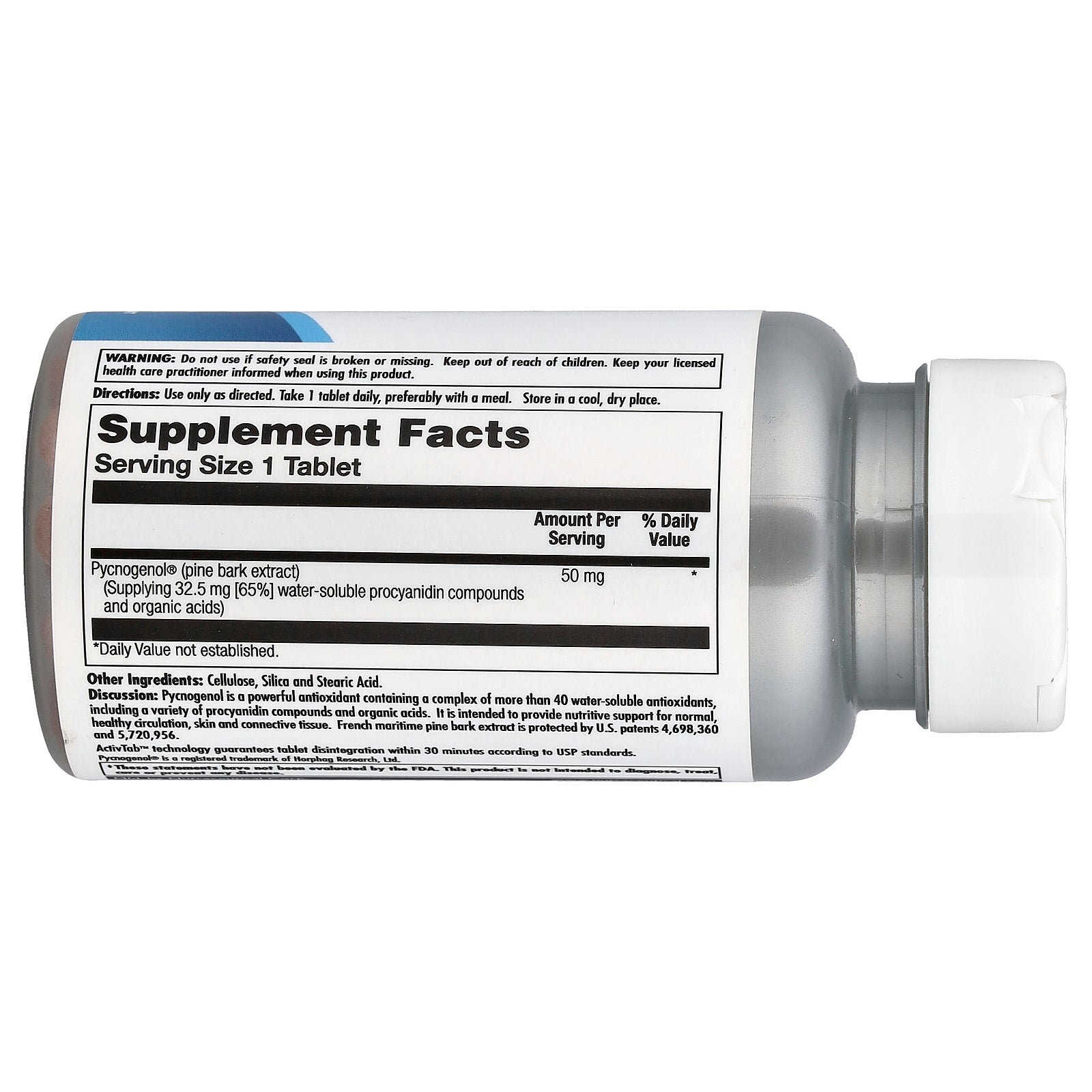 Supplement facts label for Kal Pycnogenol Tablets 50mg