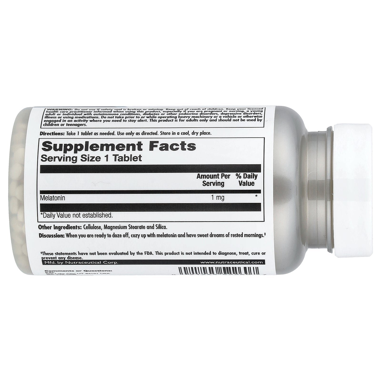 Supplement facts label for Kal Melatonin Tablets 1 Mg
