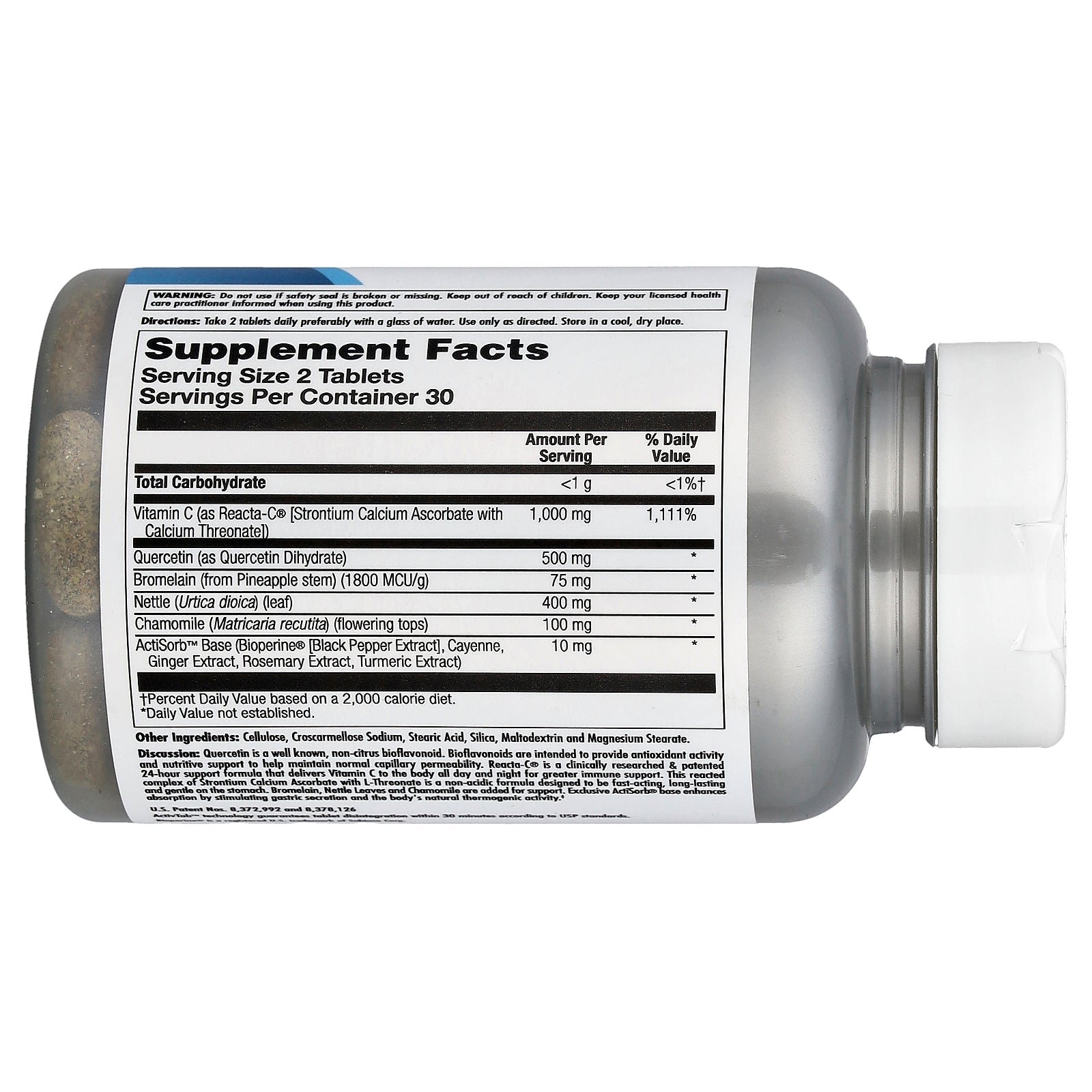 Supplement facts label for Kal Quercetin Reacta-C Bromelain Tablets