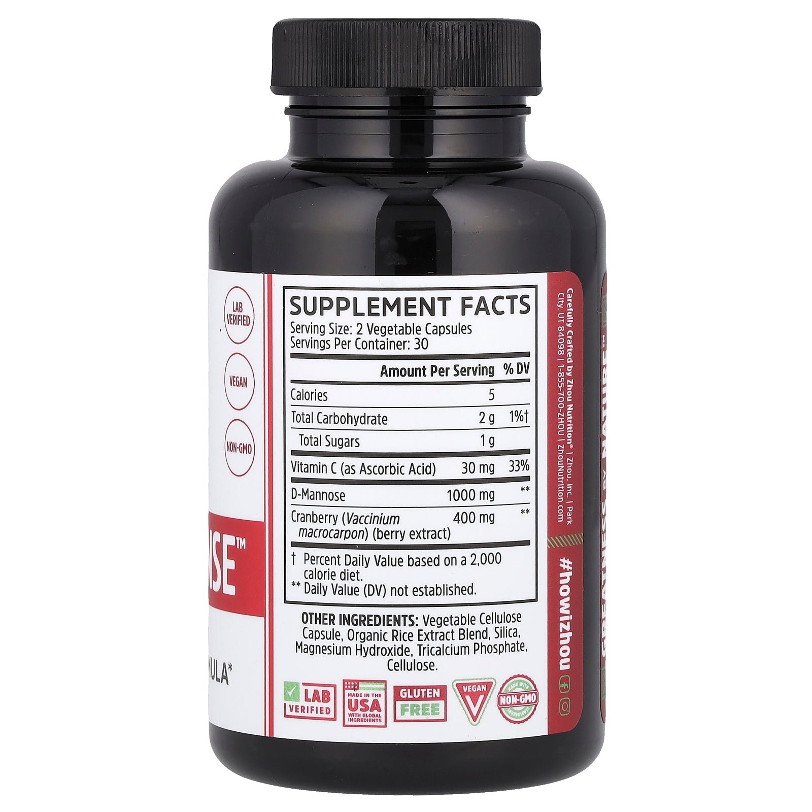 Supplement facts label for Zhou Cran-Defense