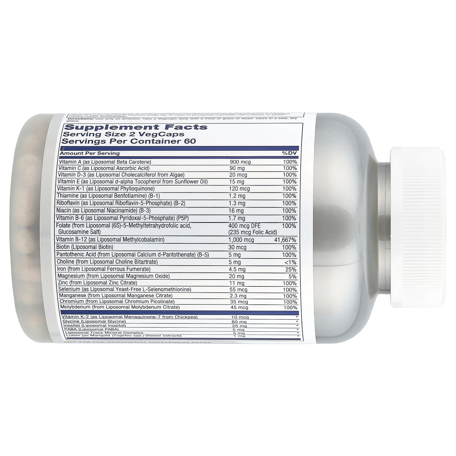 Supplement facts label for Solaray Liposomal Multivitamin Women's 50+