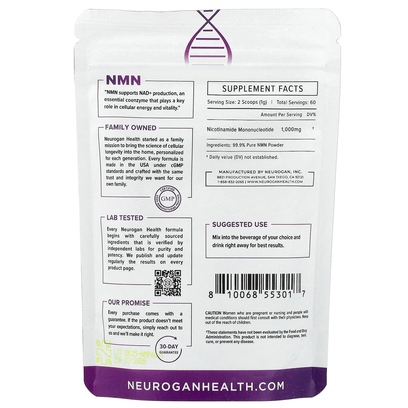 Supplement facts label for Neurogan Health NMN Powder