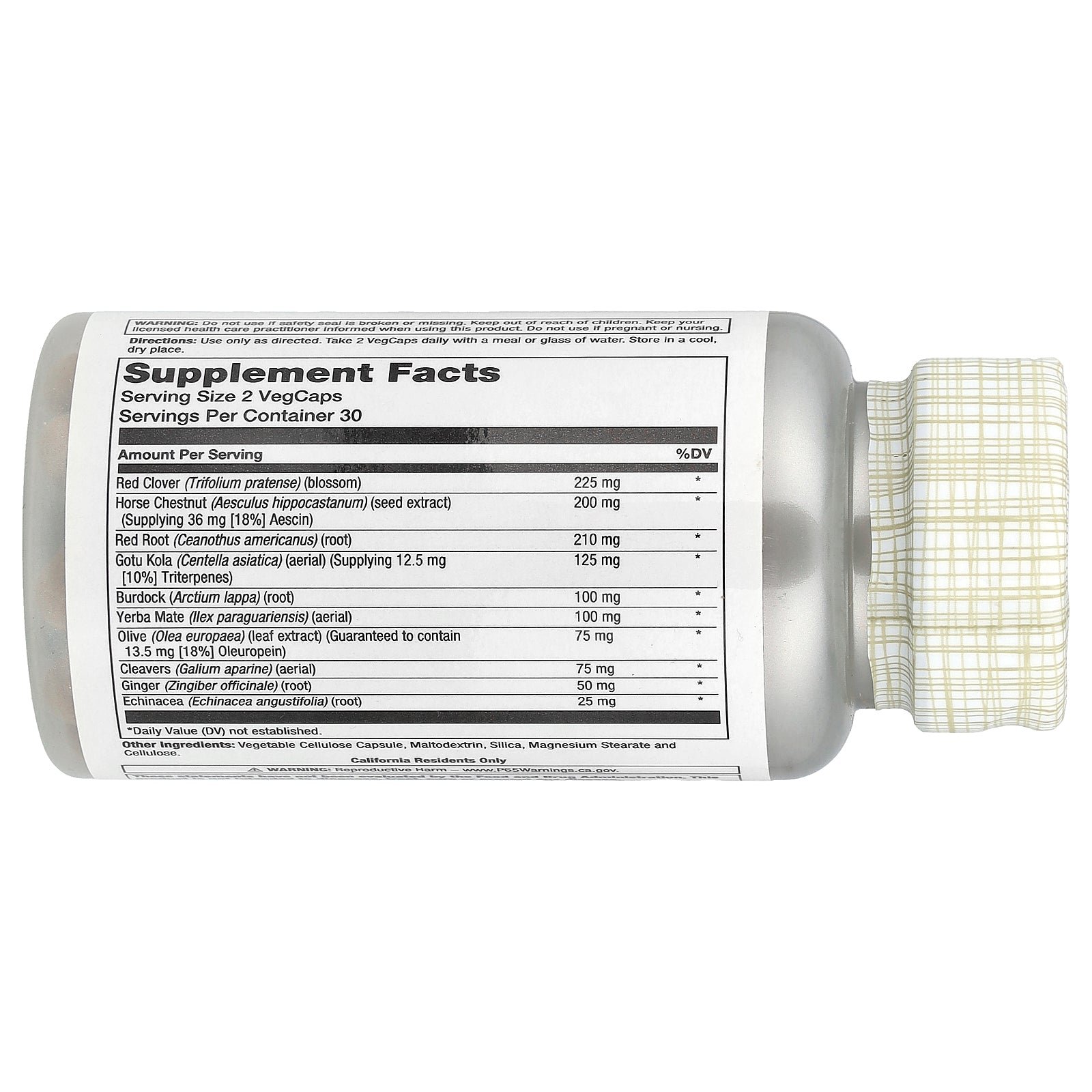Supplement facts label for Solaray Total Cleanse Lymph