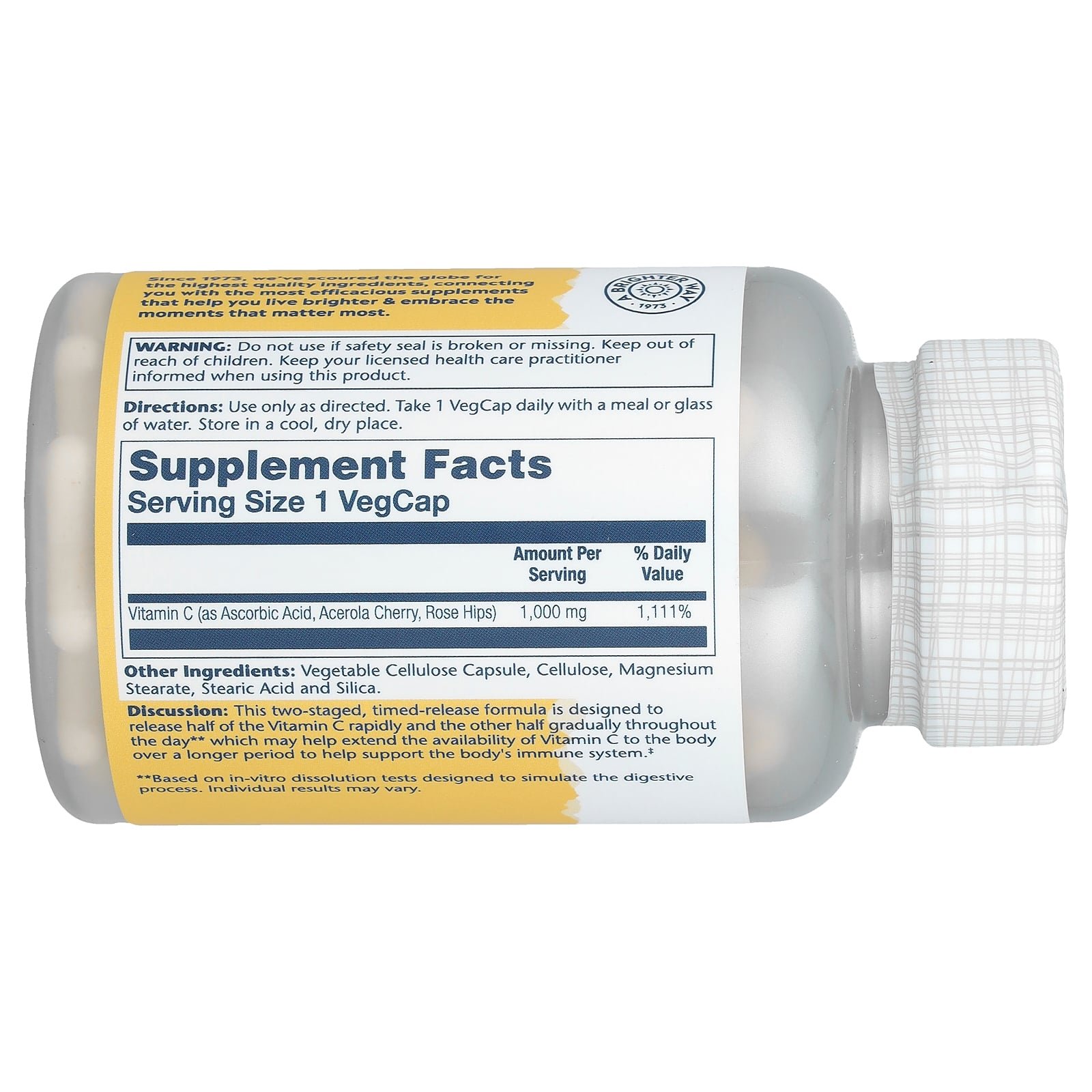 Supplement facts label for Solaray Vitamin C with Rose Hips & Acerola 1000mg