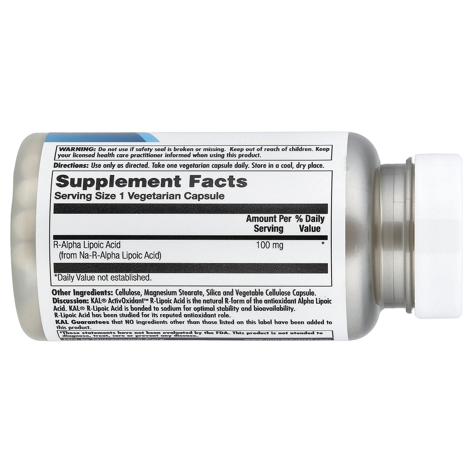 Supplement facts label for Kal R-Lipoic Acid Activoxidant Vegcaps 100 Mg