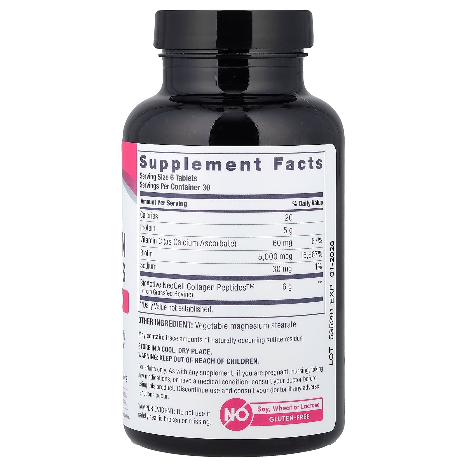 Supplement facts label for Neocell Grassfed Collagen Peptides + C & Biotin 180
