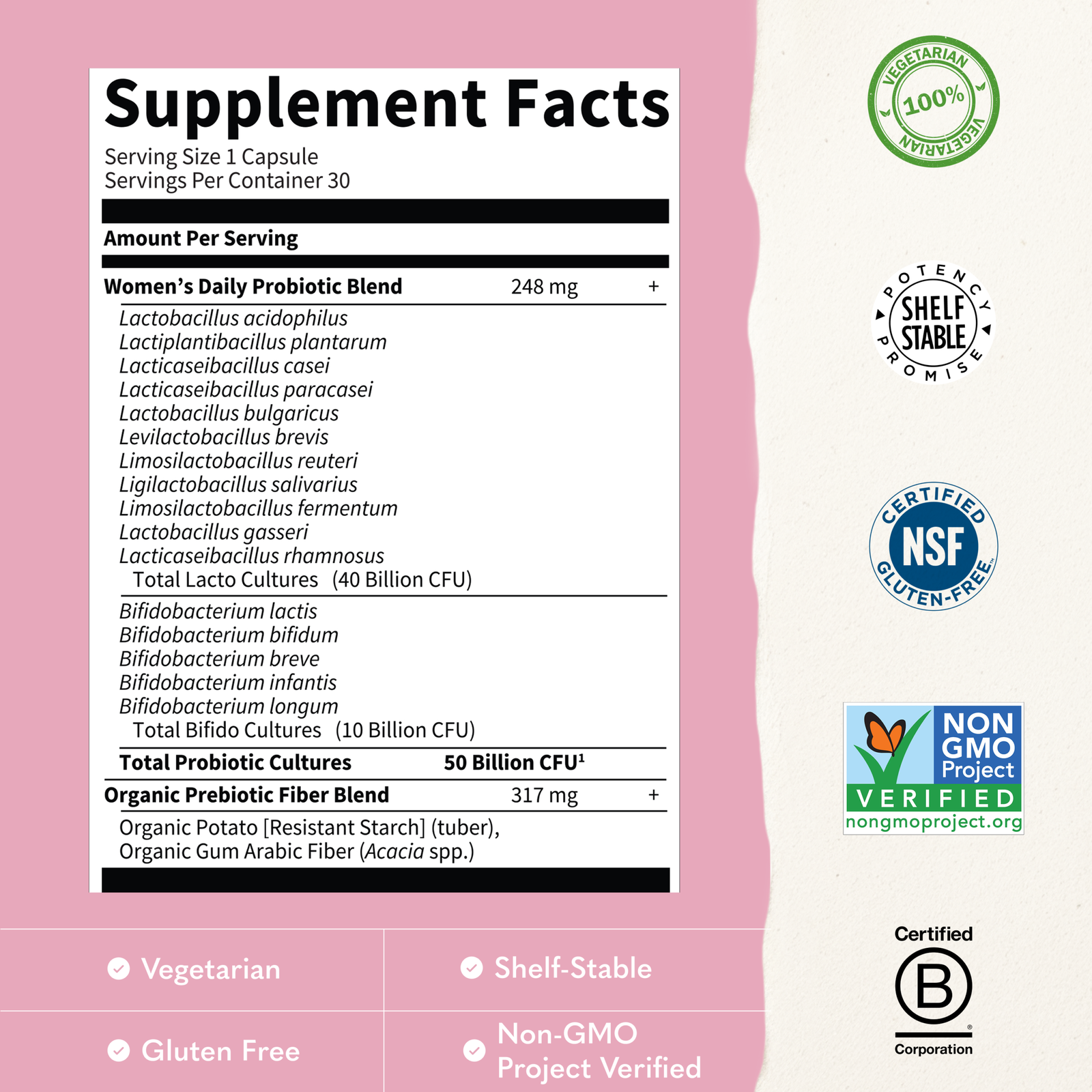 Supplement facts label for Garden of Life Dr. Formulated Probiotics Once Daily Women