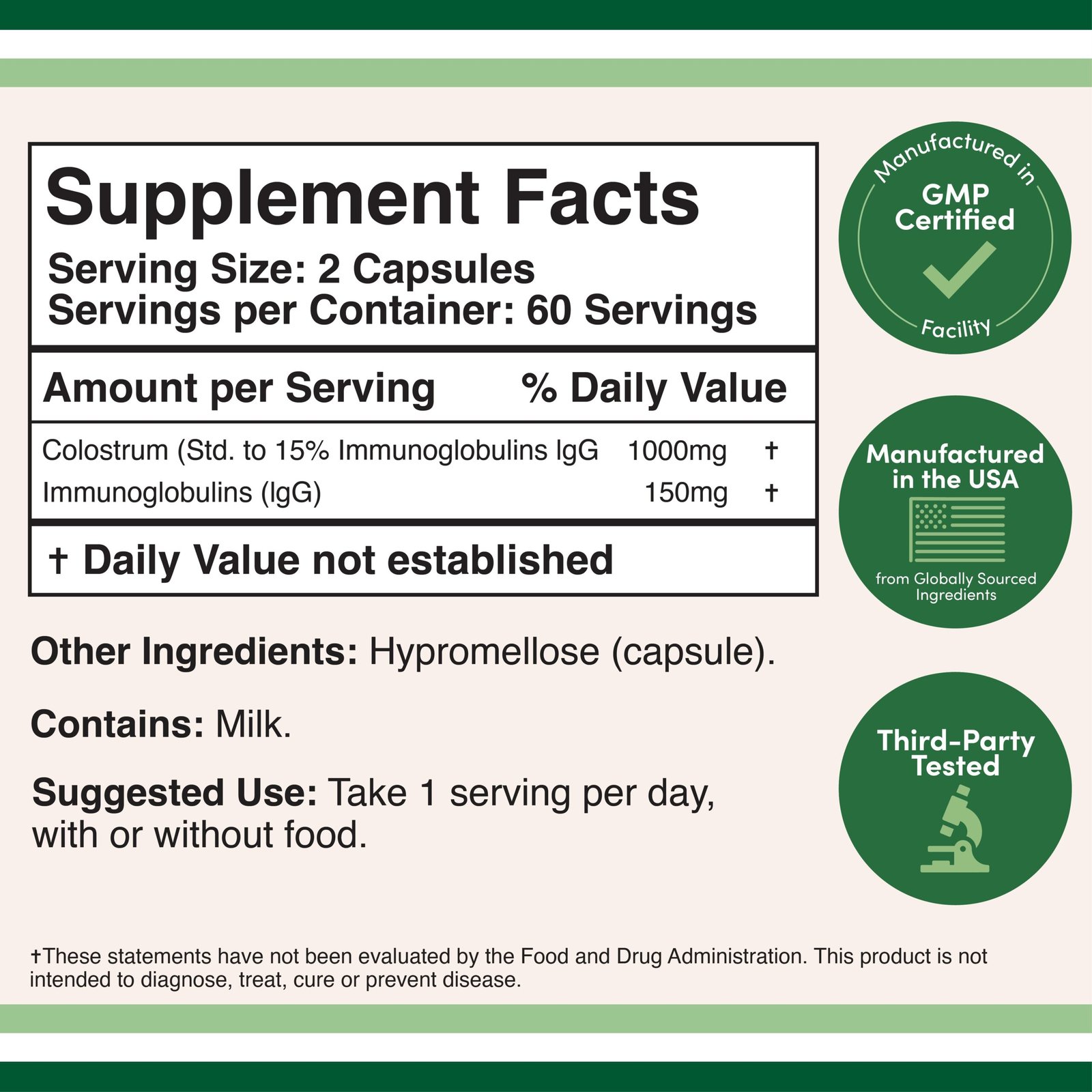 Double Wood Colostrum 120 Capsules supplement facts label