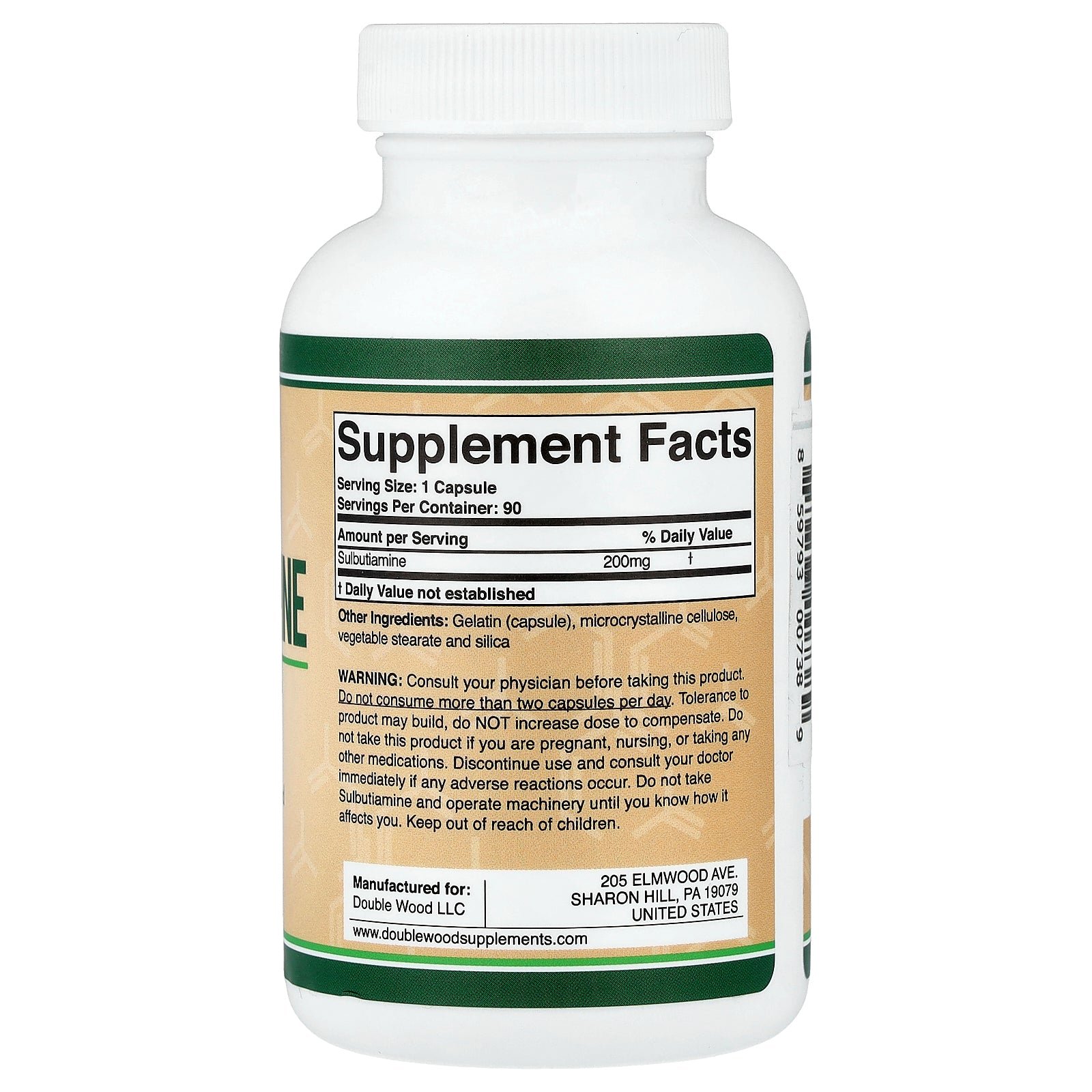 Double Wood Sulbutiamine supplement facts label