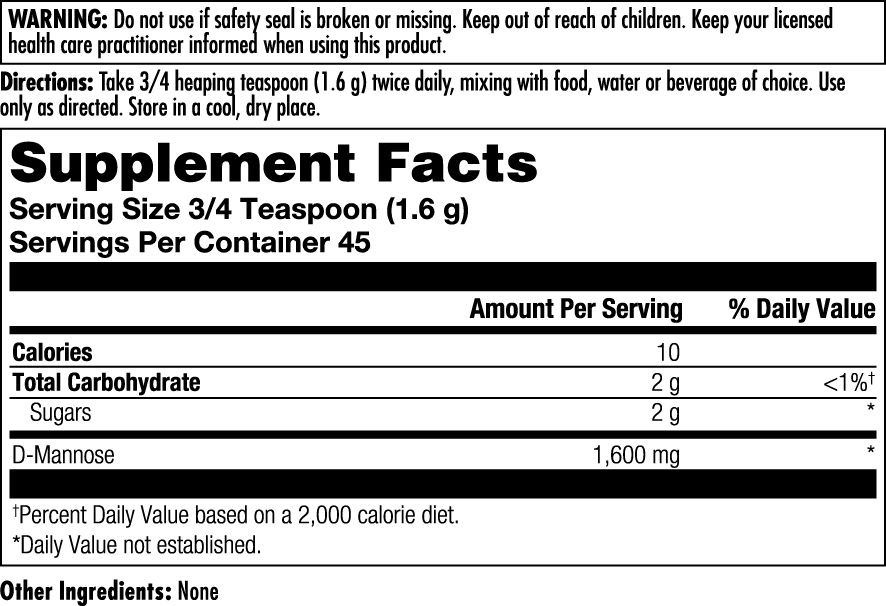 KAL D-Mannose Powder supplement facts label