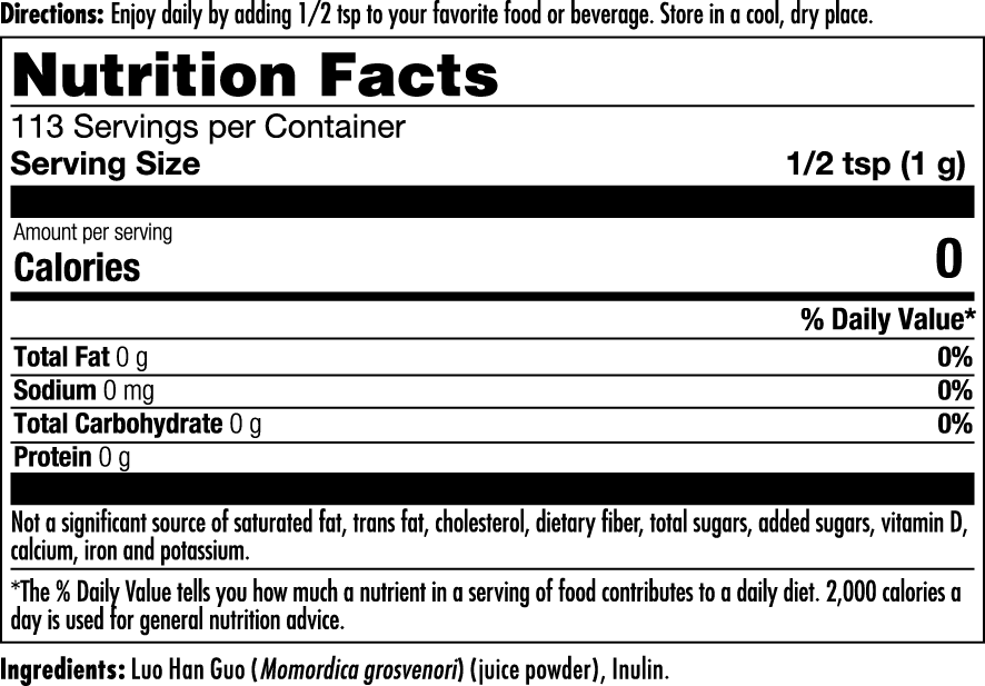 KAL Monk Fruit supplement facts label