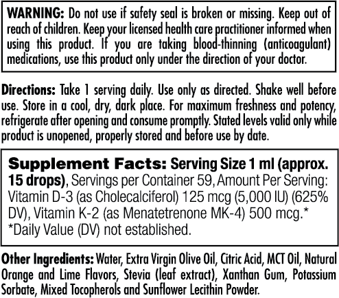 KAL Vitamin D3 & K2 Drops supplement facts label