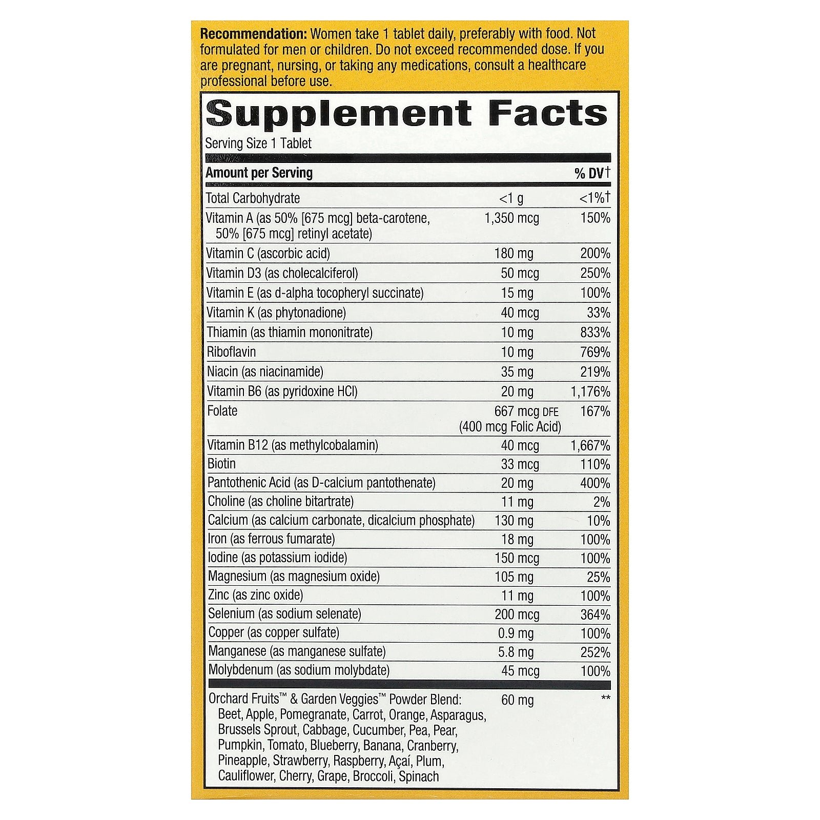 Nature’s Way Alive Ultra Potency Women’s Multivitamin supplement facts label