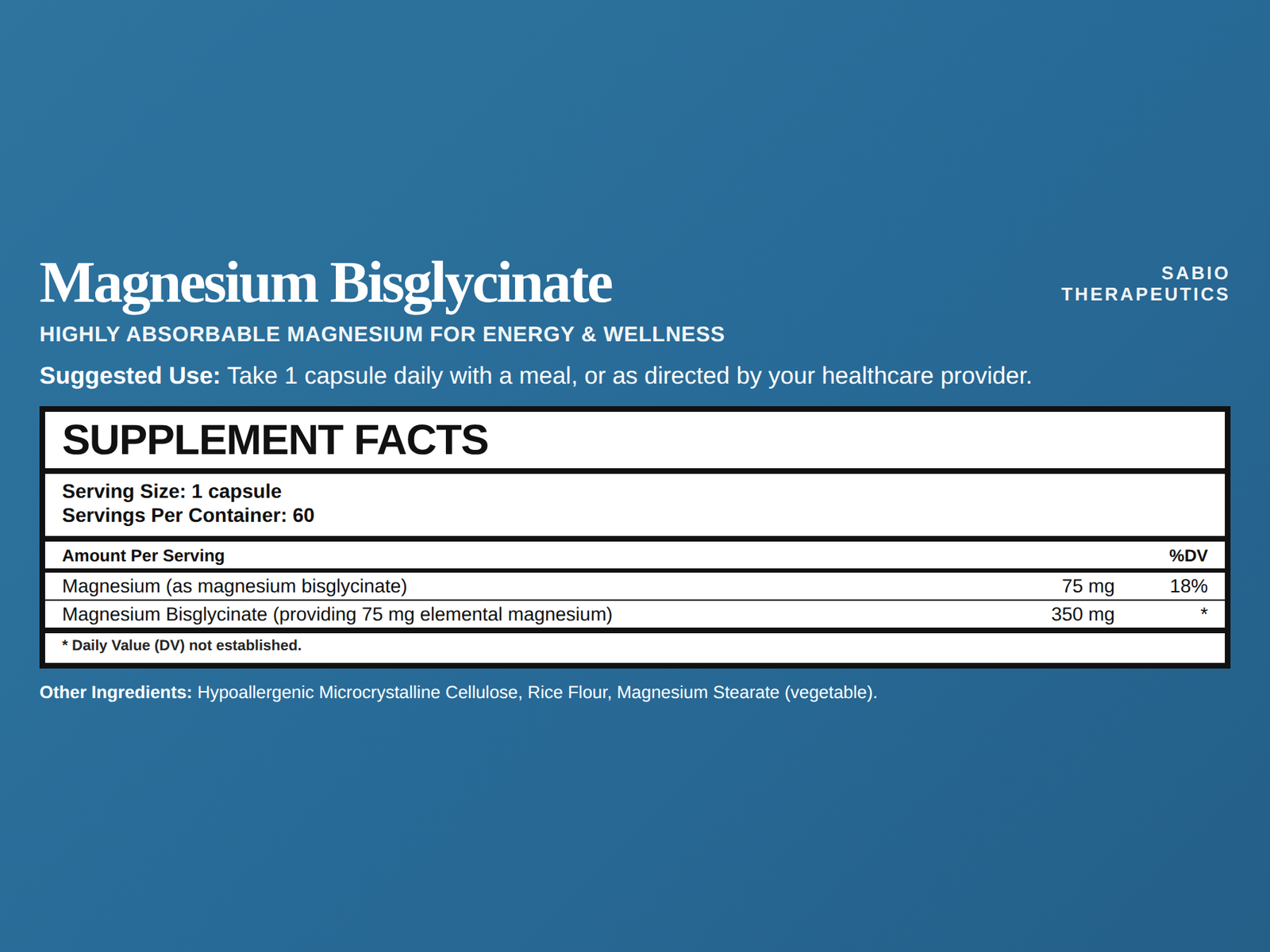 Supplement facts label for SaBio Therapeutics Magnesium Bisglycinate 60 Capsules