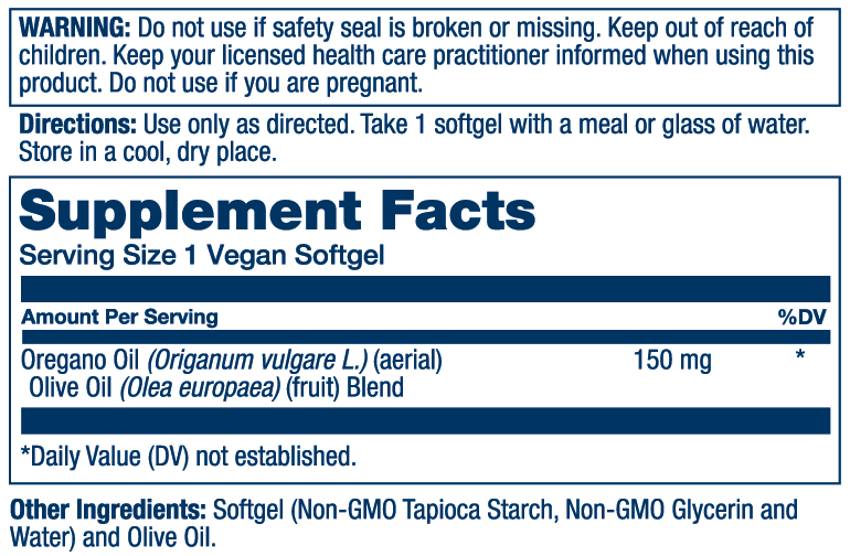 Solaray Oil of Oregano 150mg supplement facts label