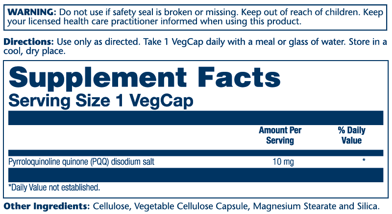 Solaray PQQ 10mg supplement facts label