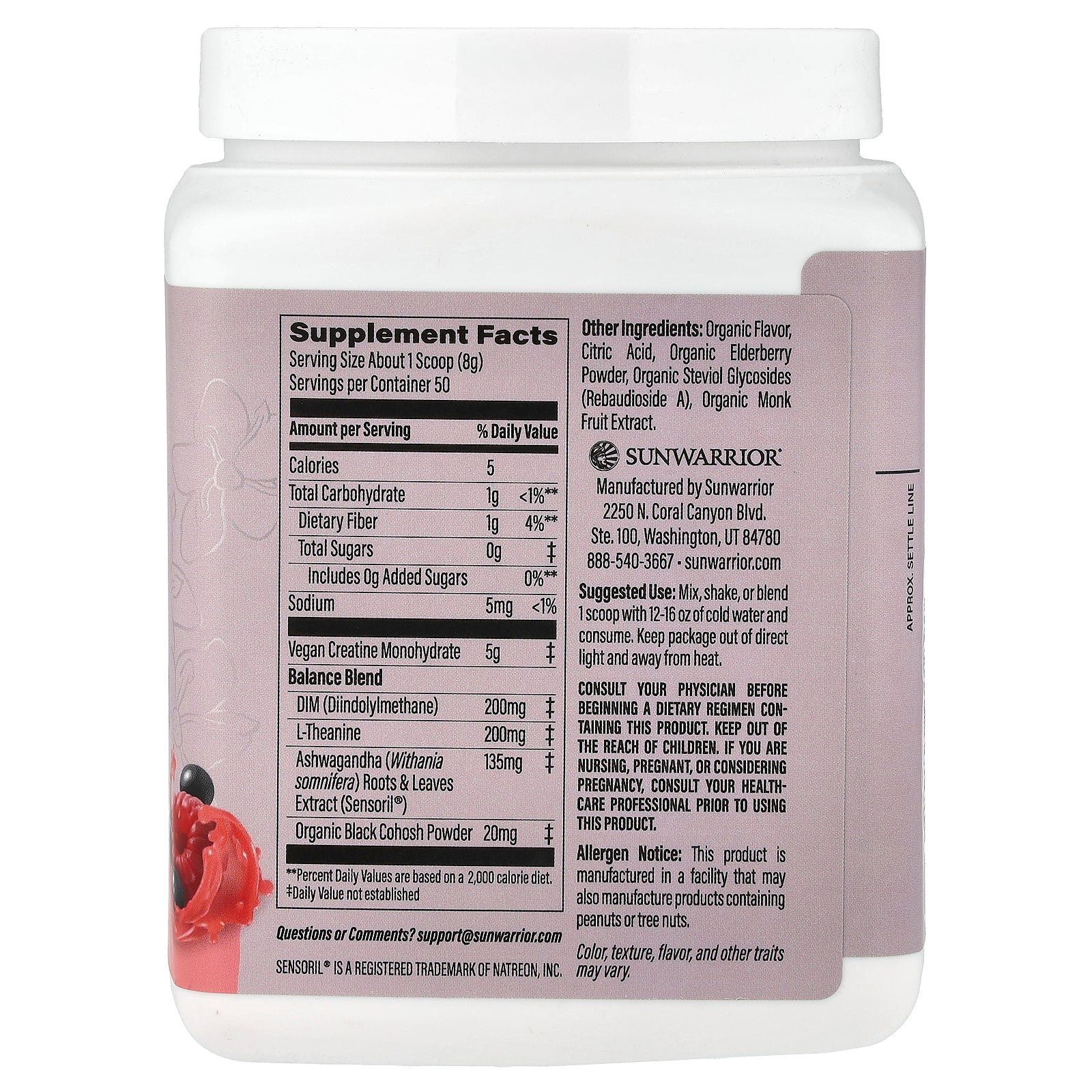 Sunwarrior Active Creatine for Her supplement facts label