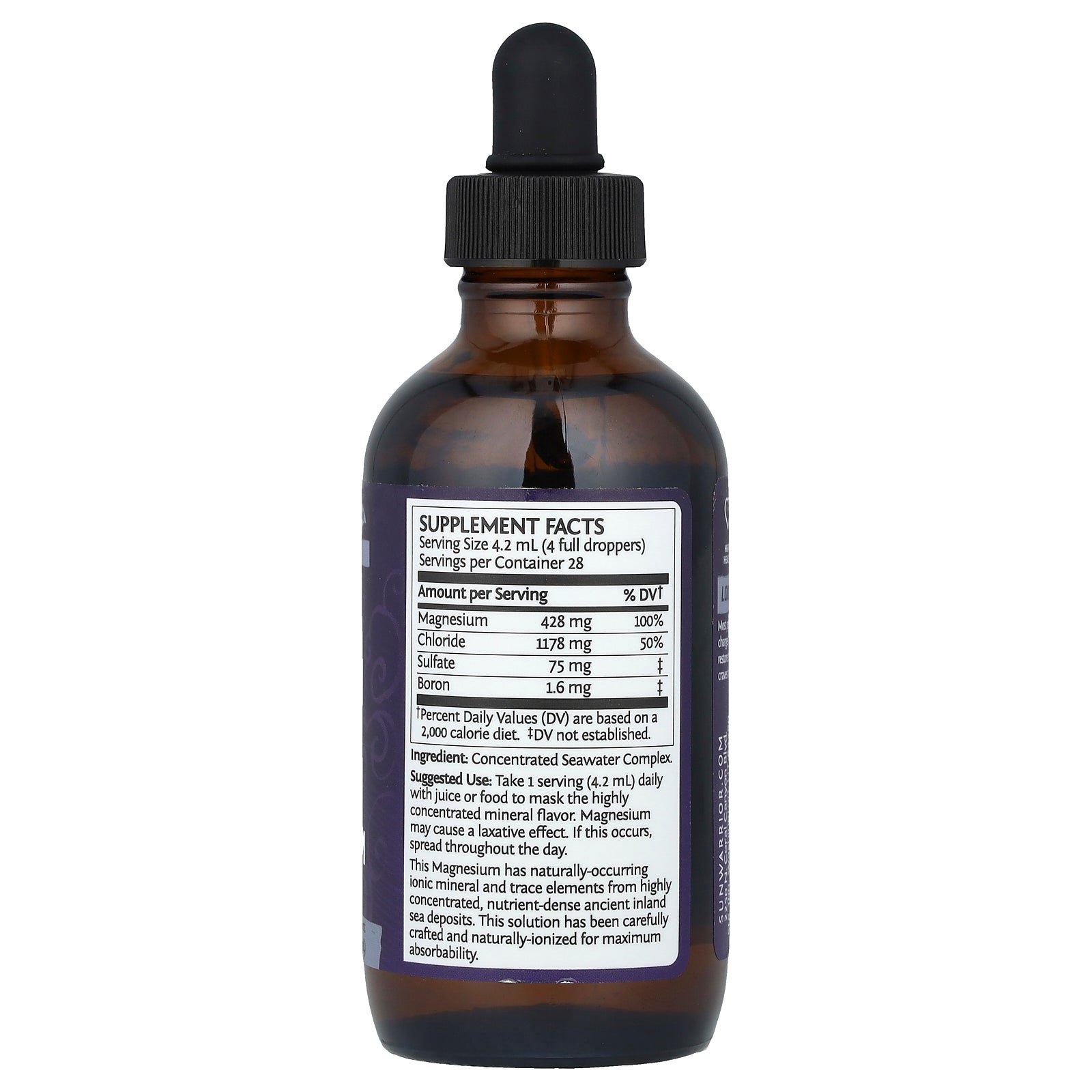 Sunwarrior Liquid Magnesium Ionic Drops supplement facts label