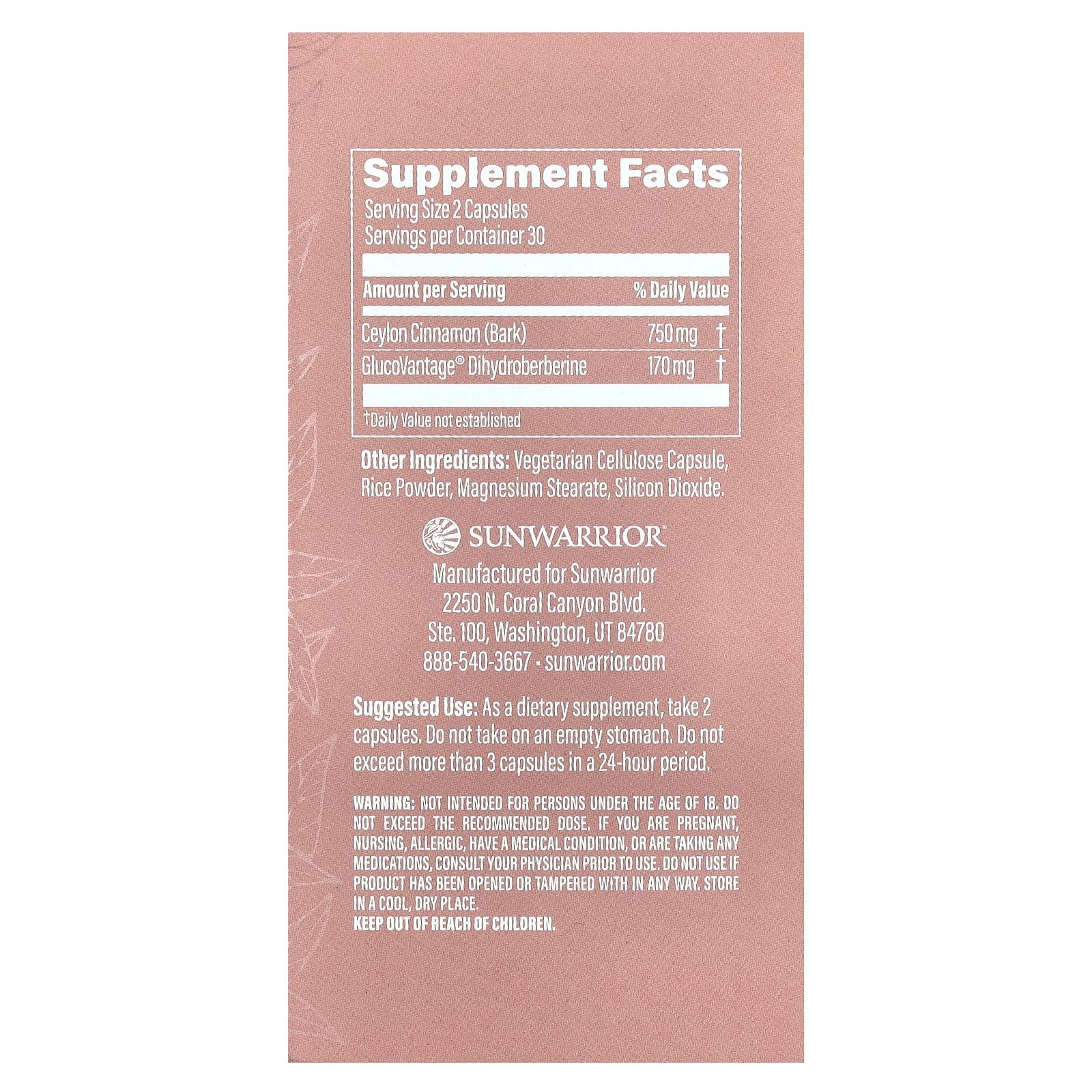 Sunwarrior Shape Berberine Metabolism supplement facts label
