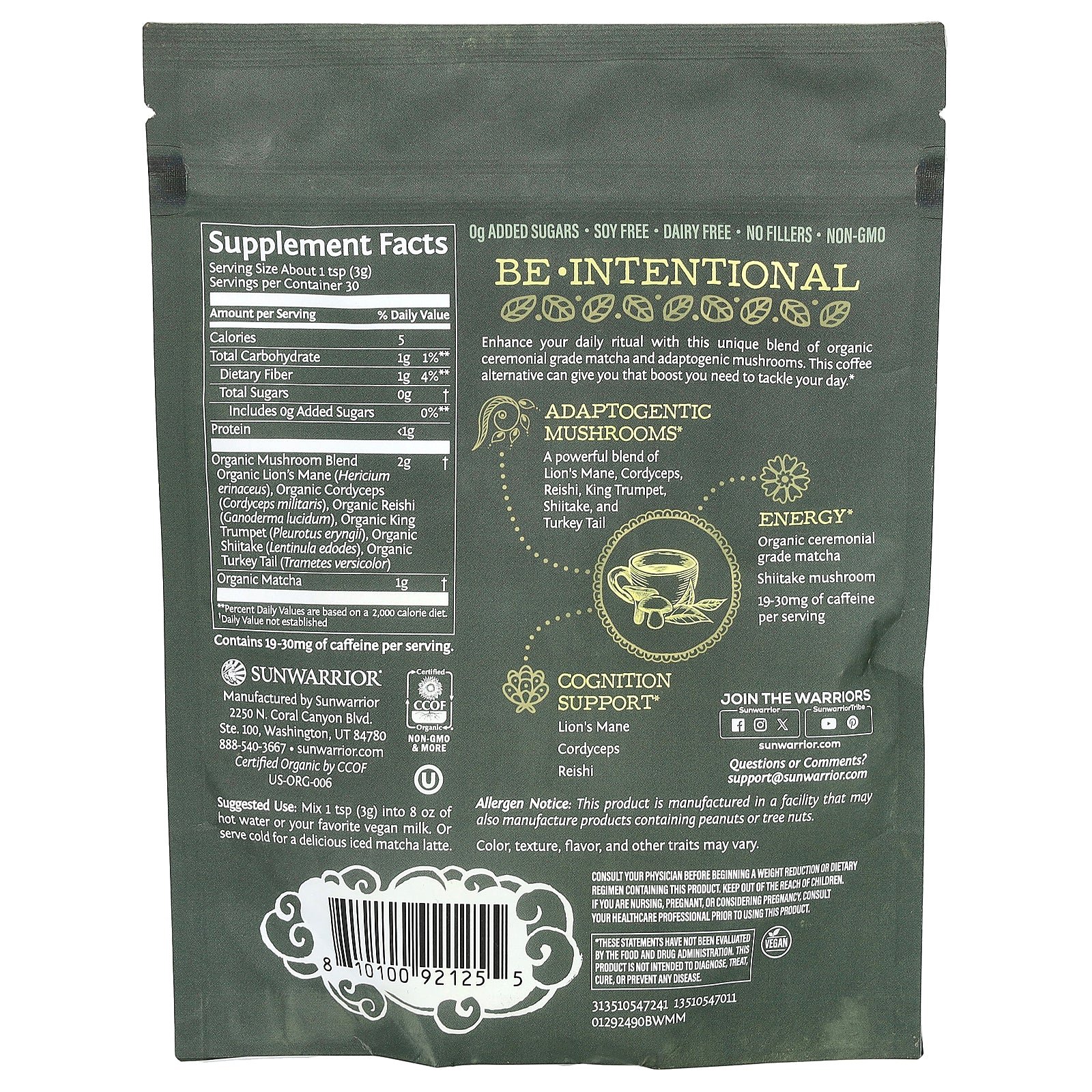 Supplement facts label for Sunwarrior Organic Matcha & Mushroom Powder