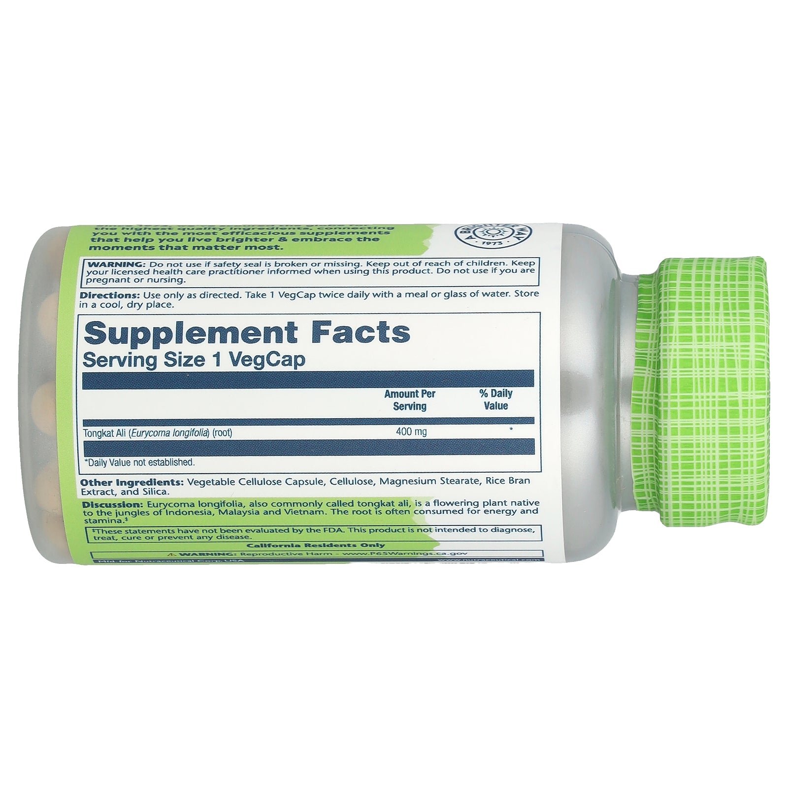 Supplement facts label for Solaray Tongkat Ali 400mg 60 capsules