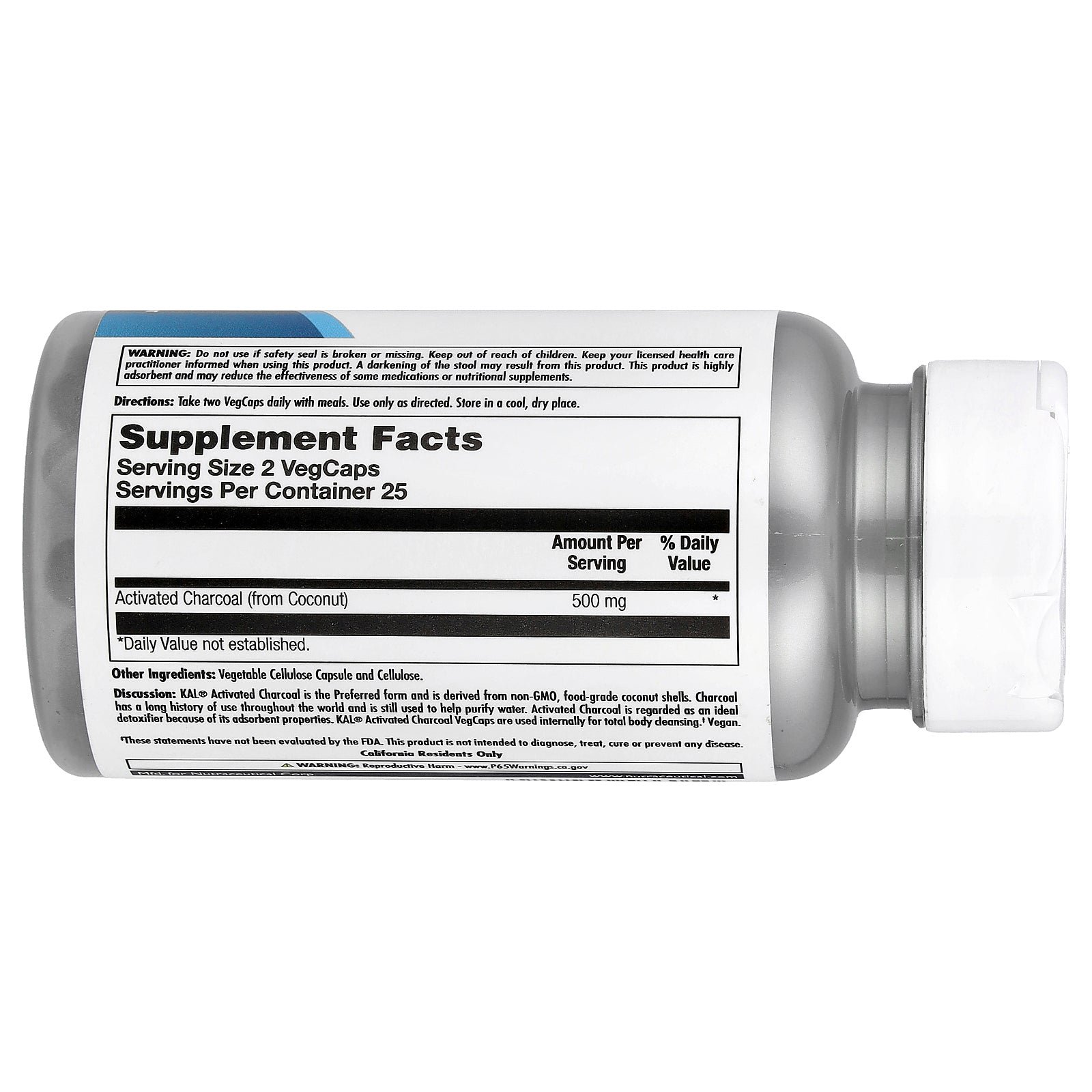 KAL Activated Charcoal 50 Capsules supplement facts label