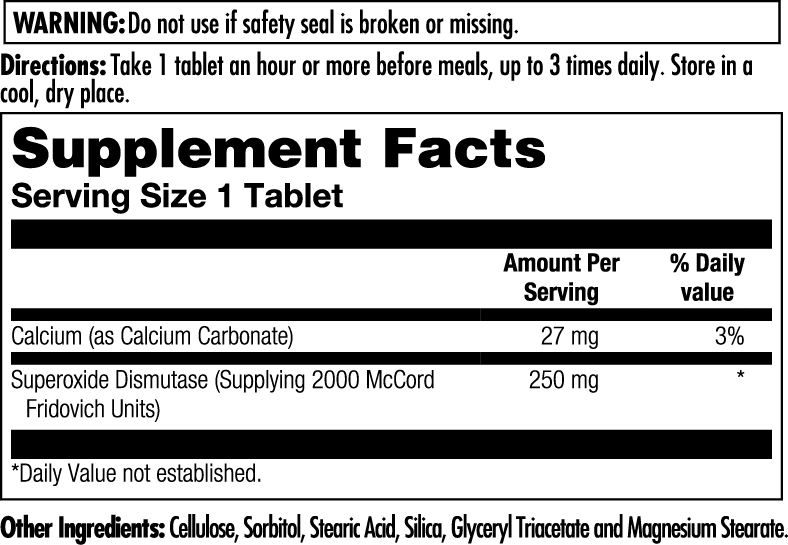 KAL S.O.D. 2000 100 Tablets supplement facts label