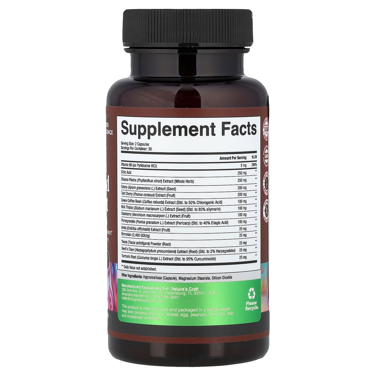 Nature’s Craft Uric Acid Formula 60 Capsules supplement facts label