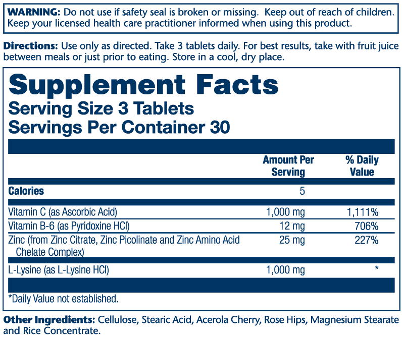Solaray L-Lysine 1000mg 90 Tablets supplement facts label