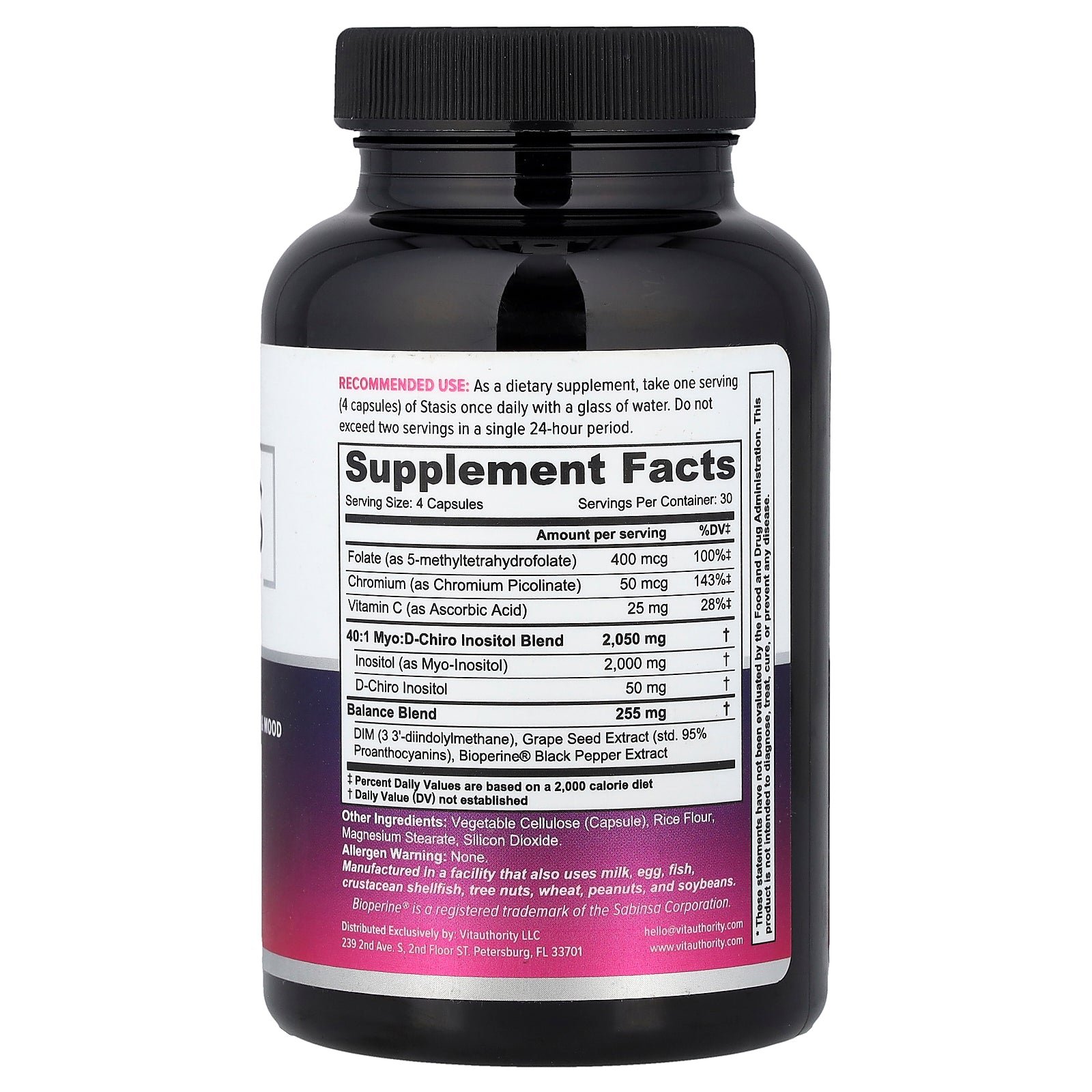 Supplement facts label for Vitauthority Stasis Hormone Support for Women