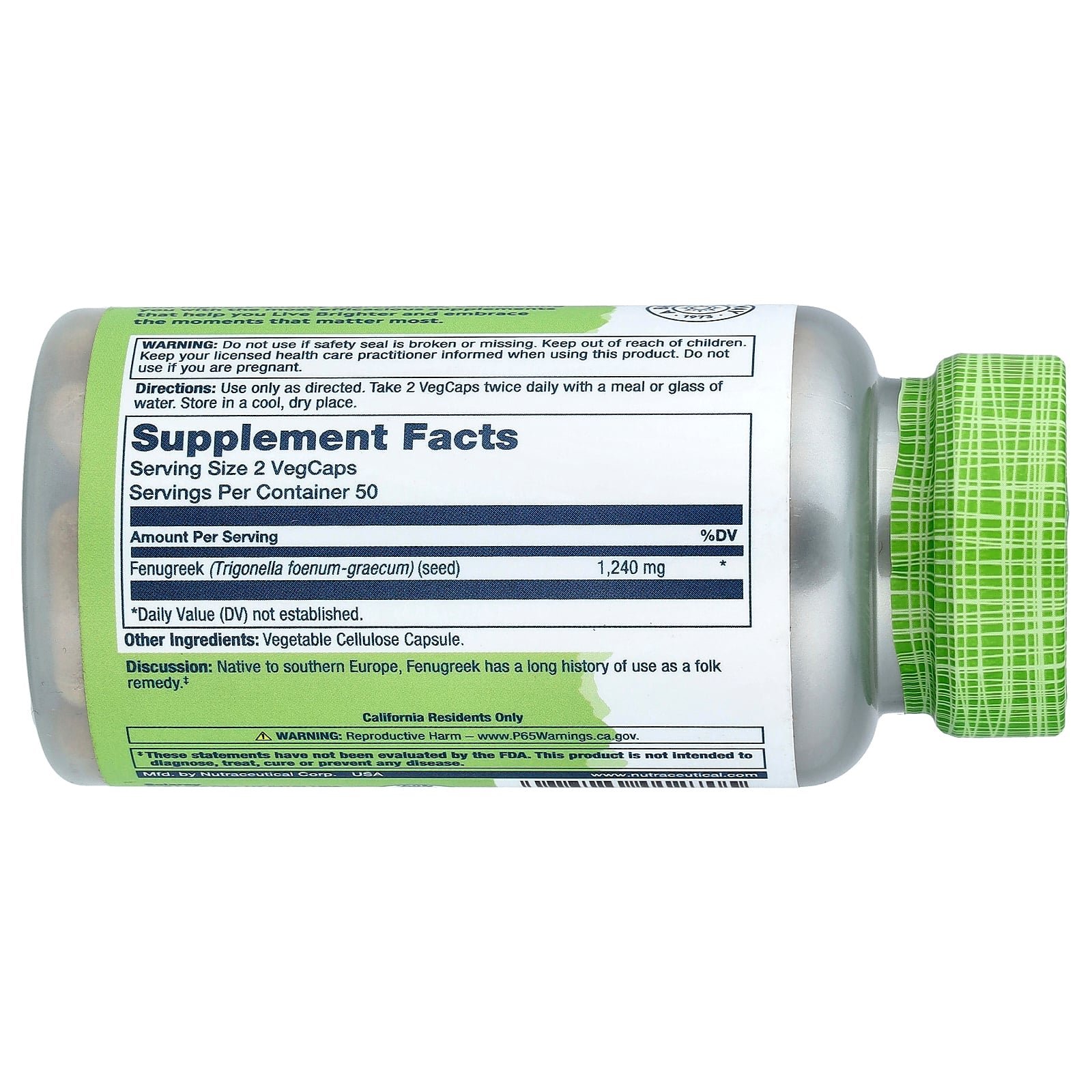 Solaray Fenugreek 1240mg 100 Capsules supplement facts label