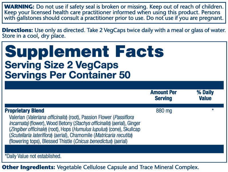 Solaray Nerve Blend 100 Capsules supplement facts label