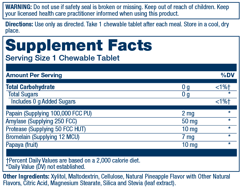 Solaray Papaya Enzyme 180 Chewable Tablets supplement facts label