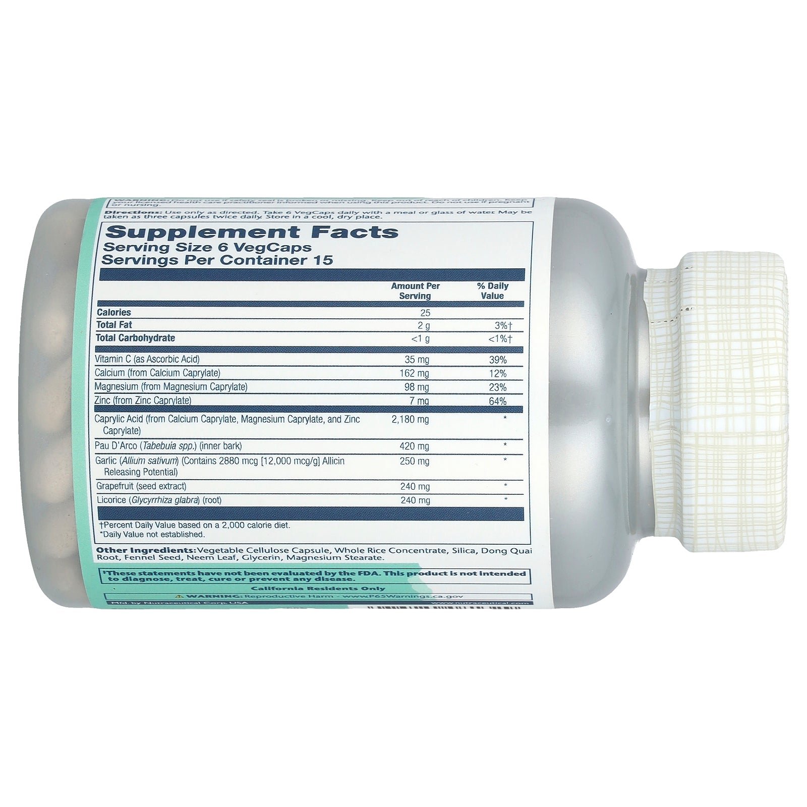 Solaray Yeast Cleanse with Caprylic Acid, Pau D’Arco & Grapefruit 90 Capsules supplement facts label