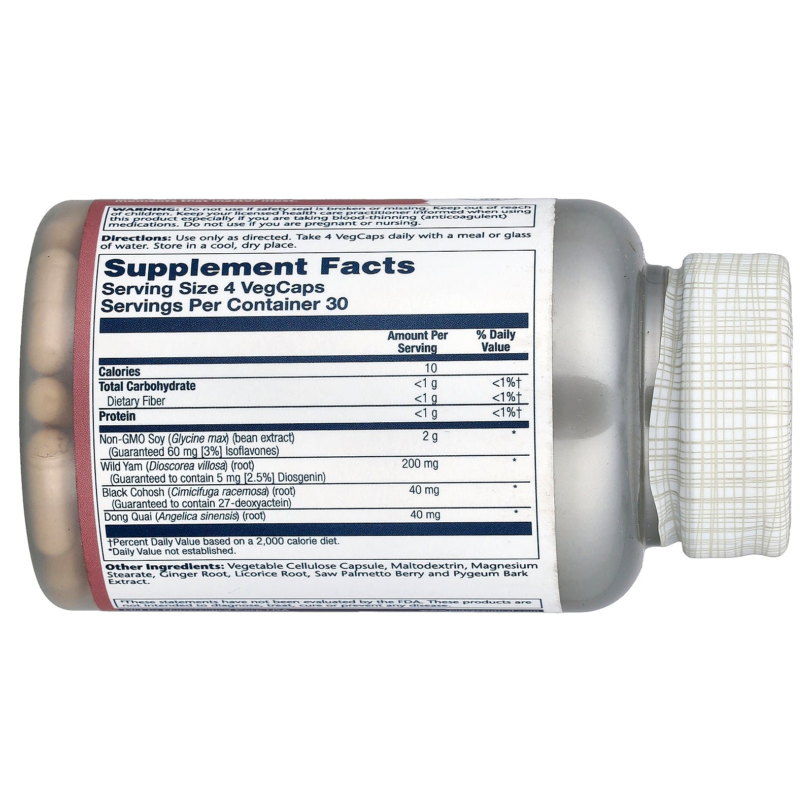Supplement facts label for Solaray Phytoestrogen Capsules with Wild Yam, Black Cohosh & Dong Quai 120 Capsules