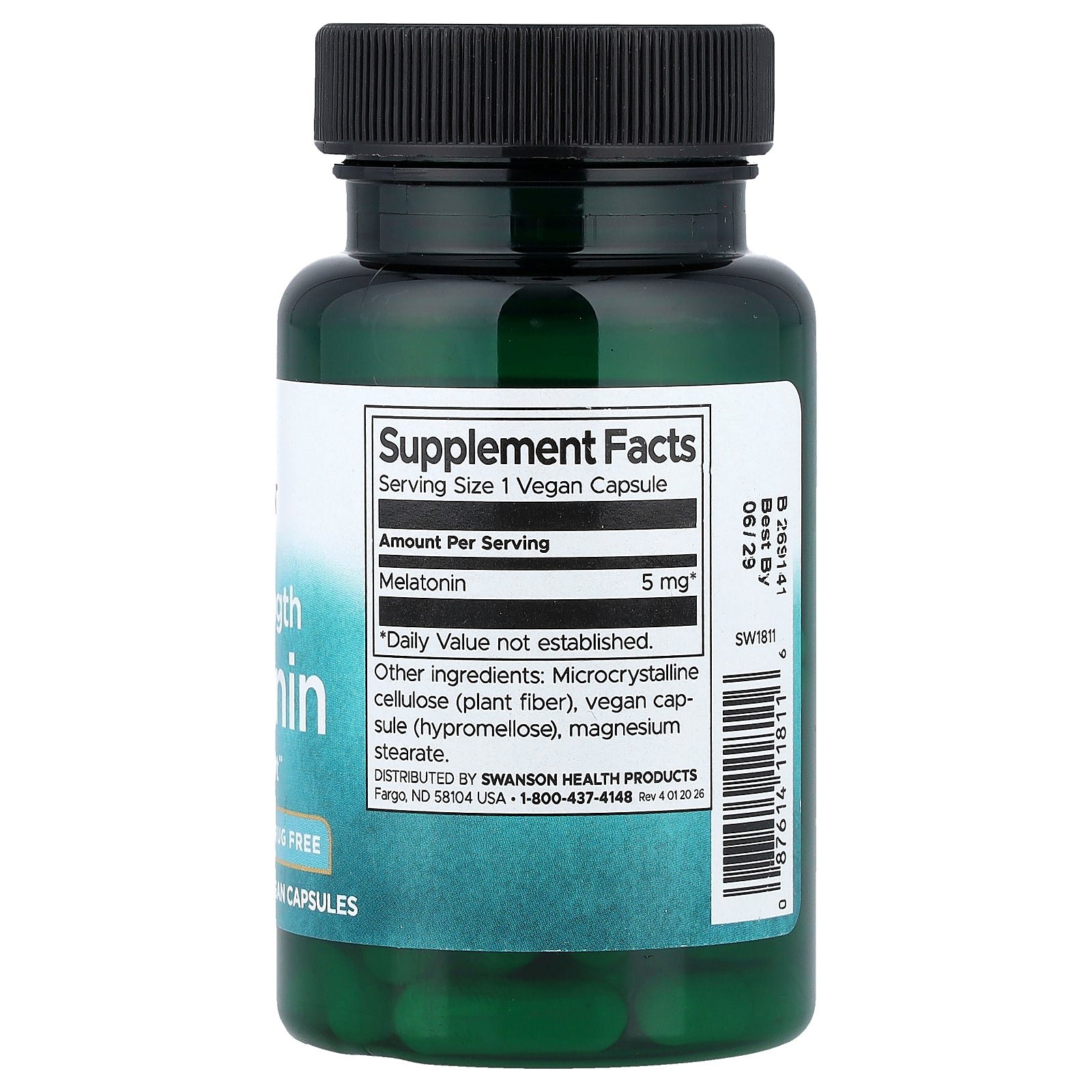 Supplement facts label for Swanson Melatonin 5mg 60 Capsules