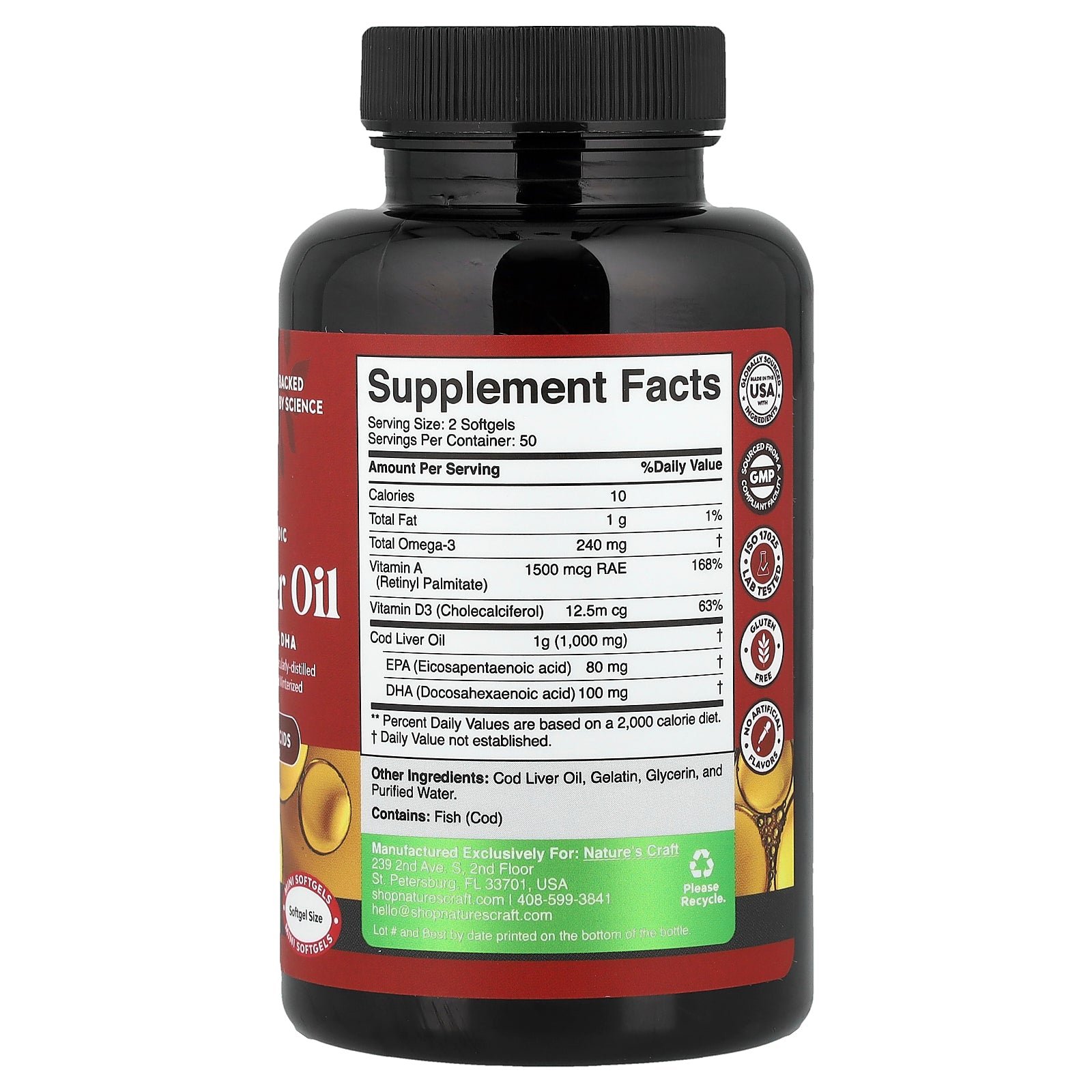 Nature’s Craft Cod Liver Oil 100 Softgels supplement facts label