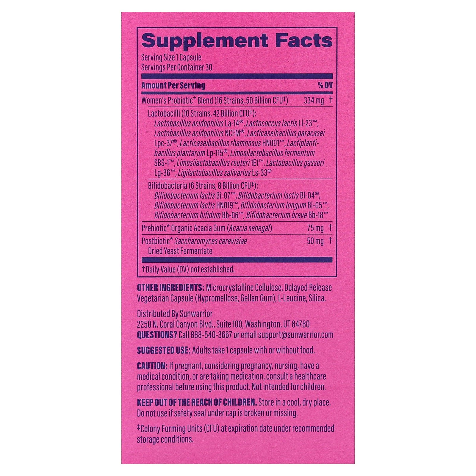 Sunwarrior Women’s Probiotic 50 Billion CFU 30 Capsules supplement facts label
